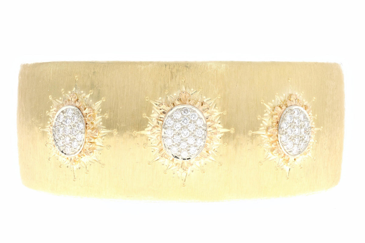18K Yellow Gold 0.50 Carat Total Weight Diamond Pave Florentine Finish Cuff Bracelet - Queen May