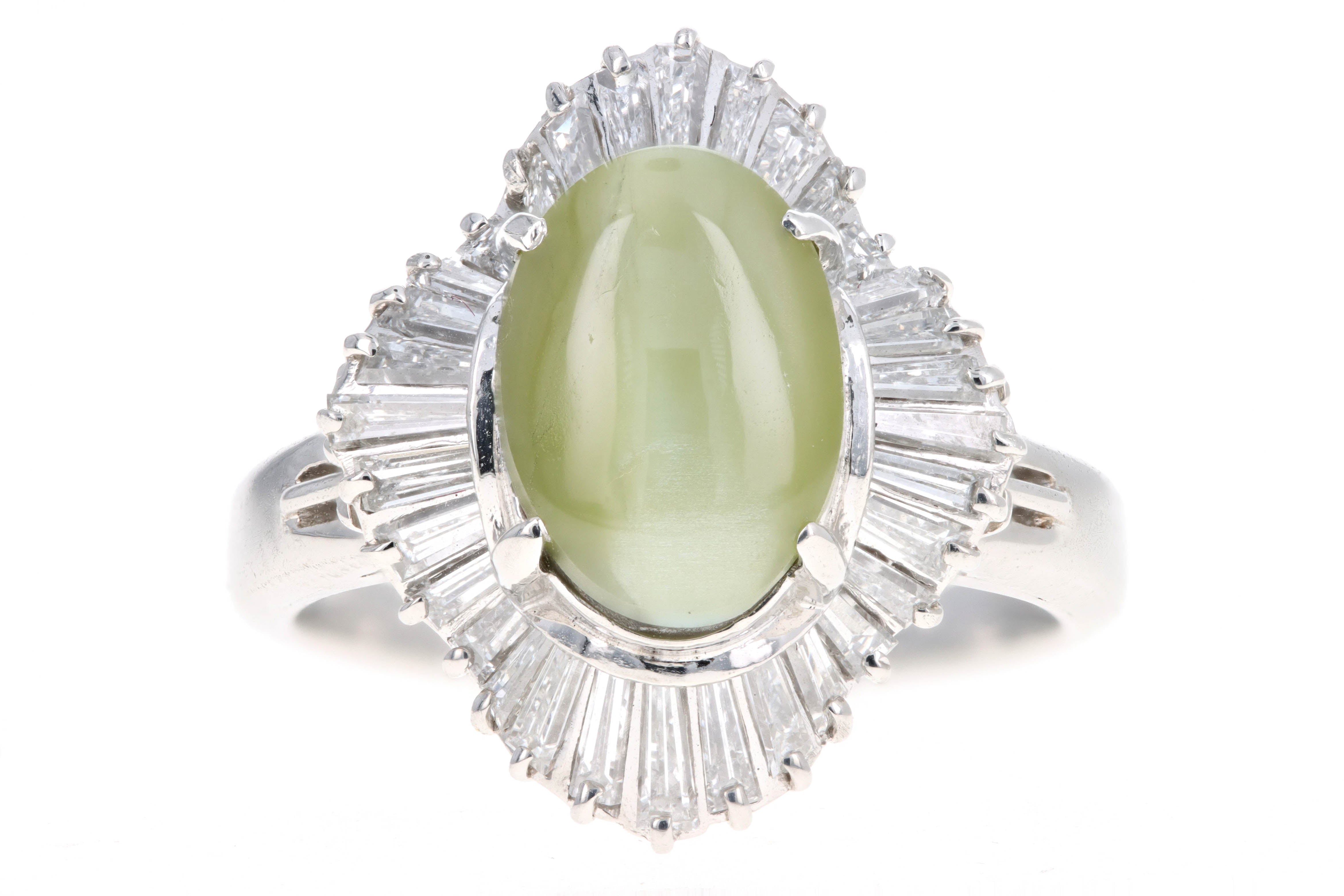 Retro Platinum 3.05 Carat Cat's Eye Chrysoberyl & Baguette Diamond Fan Ring - Queen May