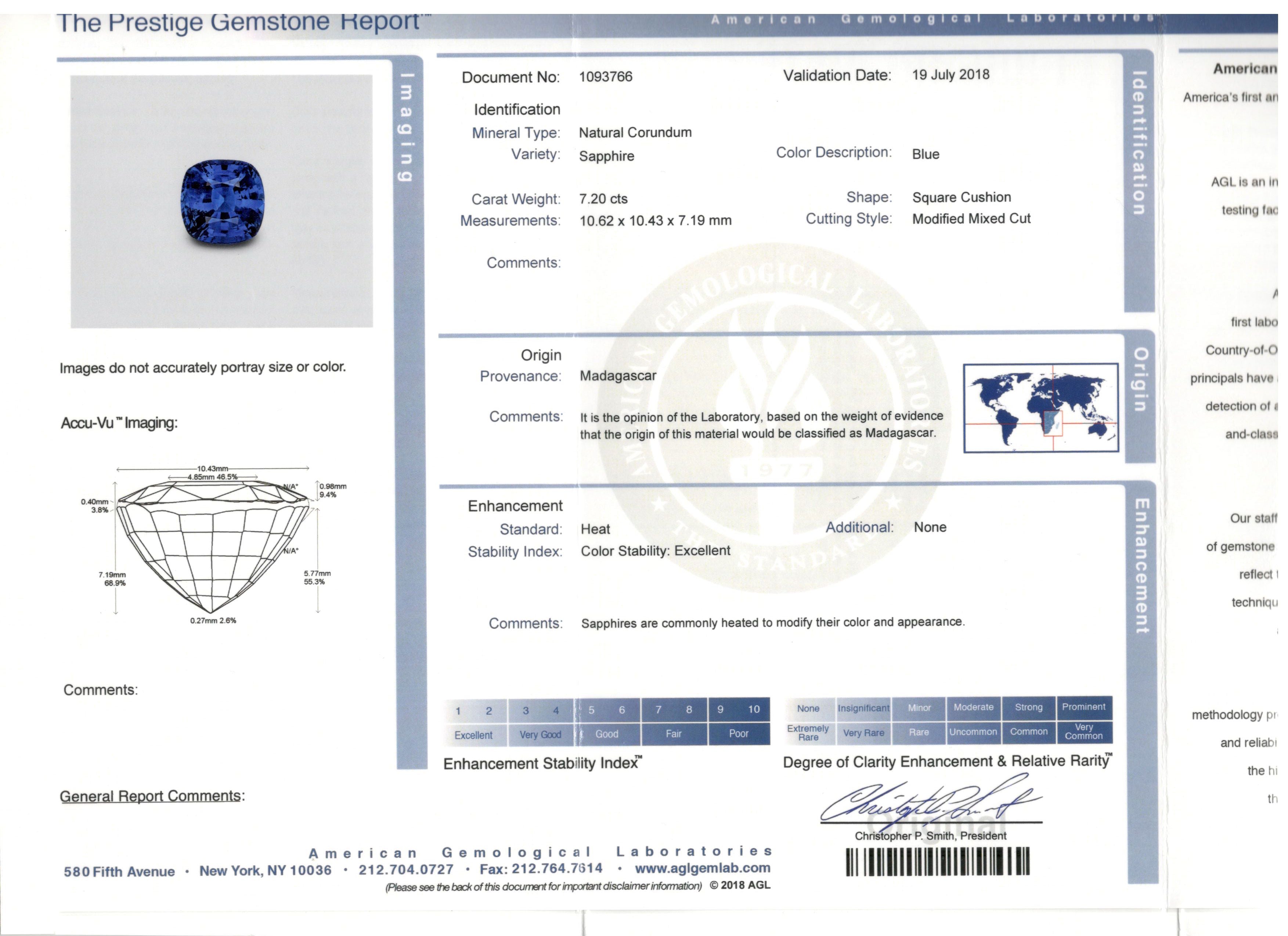 Platinum 7.2ct Madagascar Sapphire Flanked By Two 1.4ct G VS2 Diamonds - Queen May