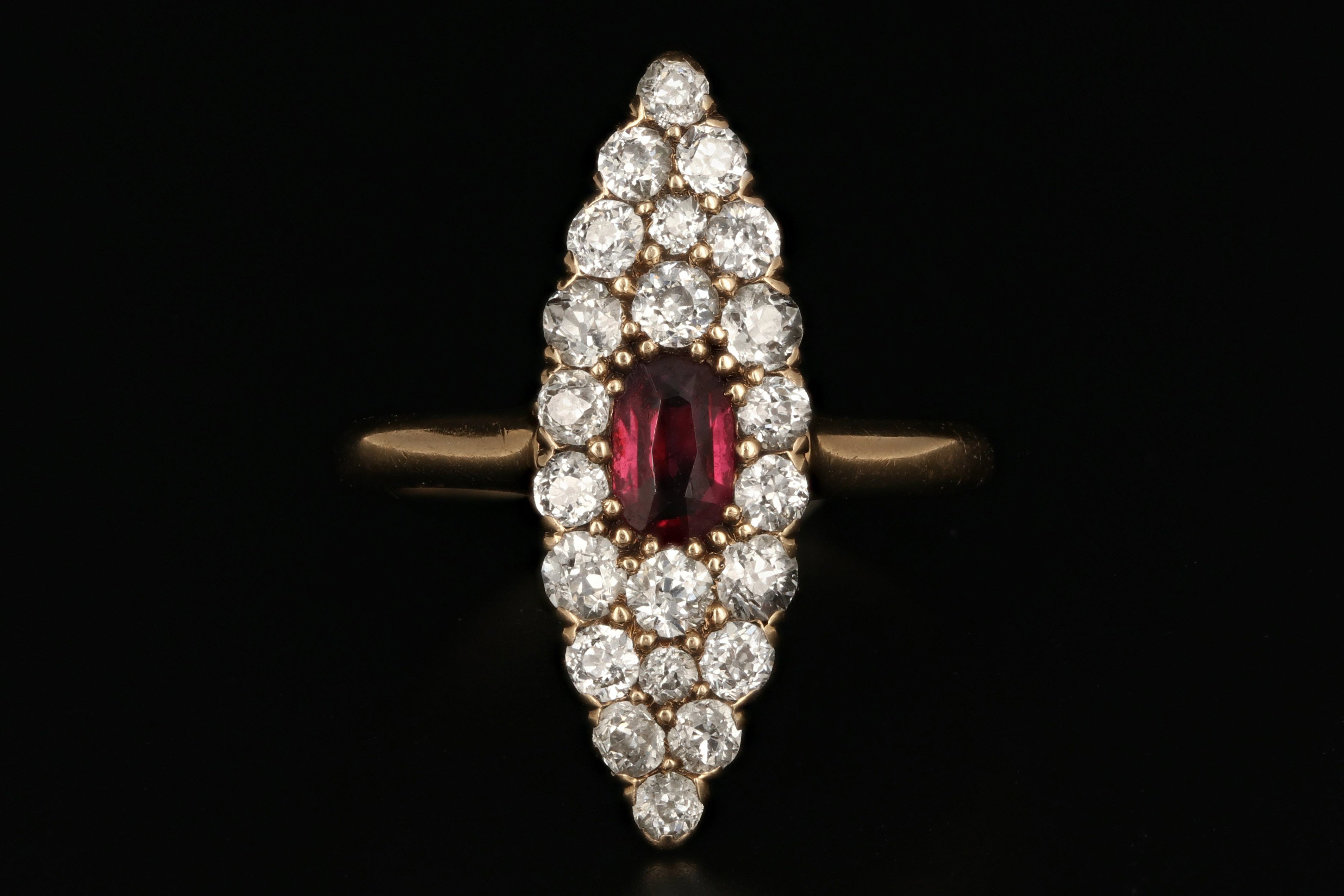 Victorian 14K Gold .30 Carat Ruby and Old European Diamond Navette Ring - Queen May