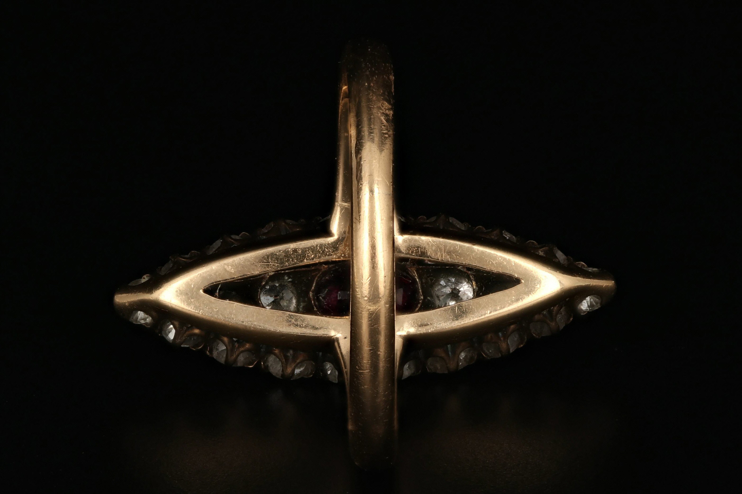 Victorian 14K Gold .30 Carat Ruby and Old European Diamond Navette Ring - Queen May