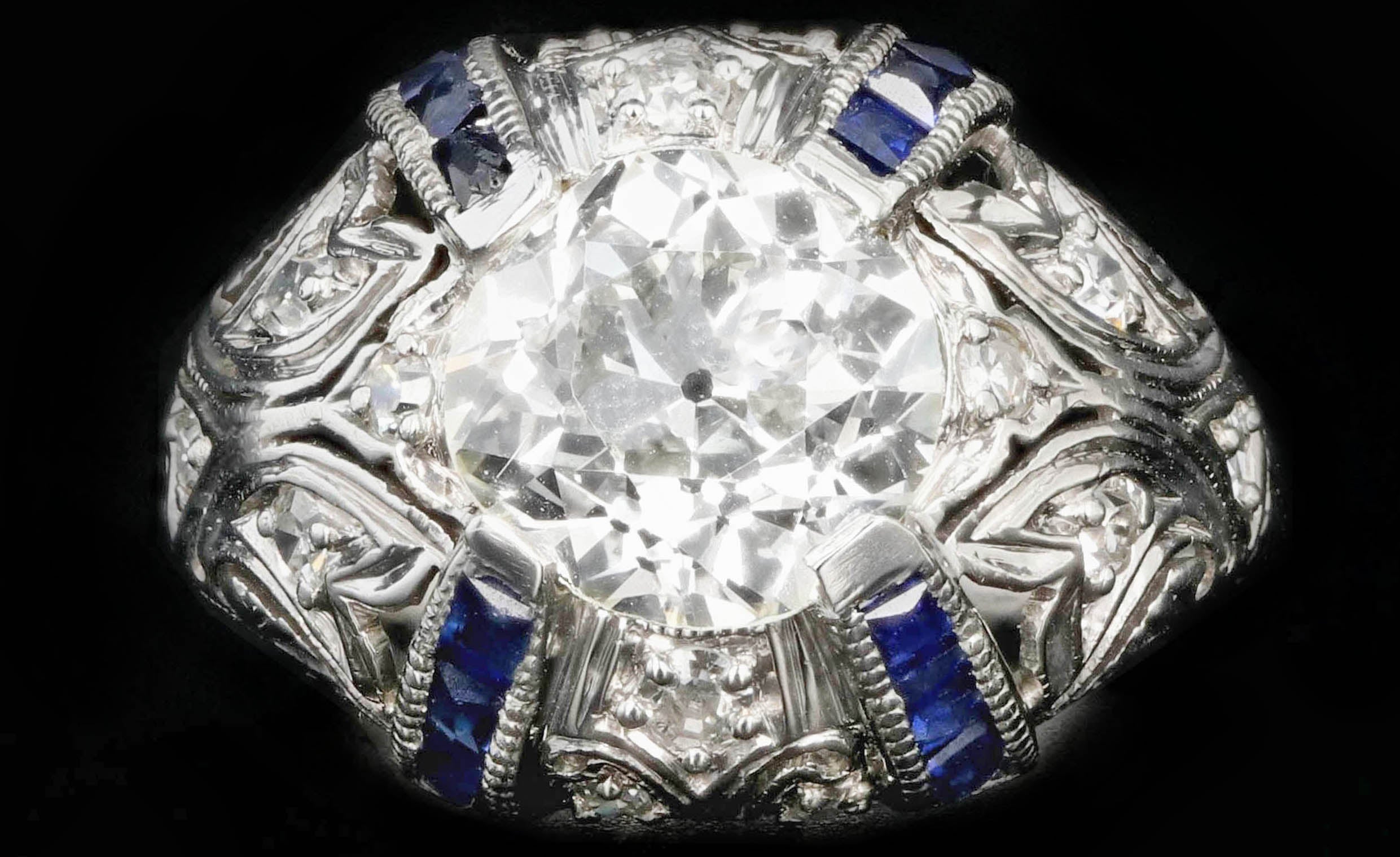 Art Deco Platinum 2 CTR Old European Cut Diamond And French Cut Sapphires Engagement Ring GIA Certified - Queen May