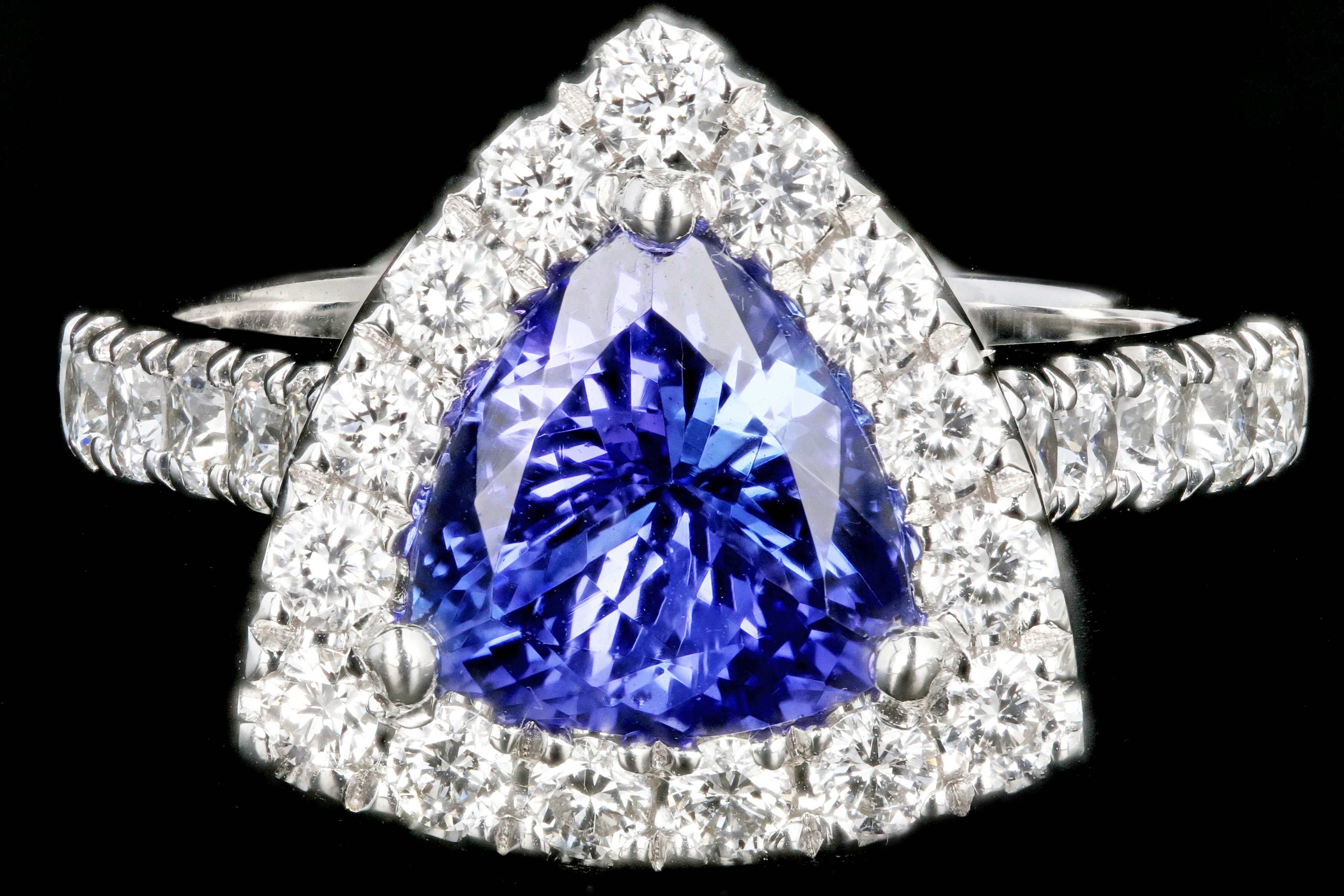 Modern 14K White Gold 1.72 Carat Trillion Cut Tanzanite Diamond Halo Ring - Queen May