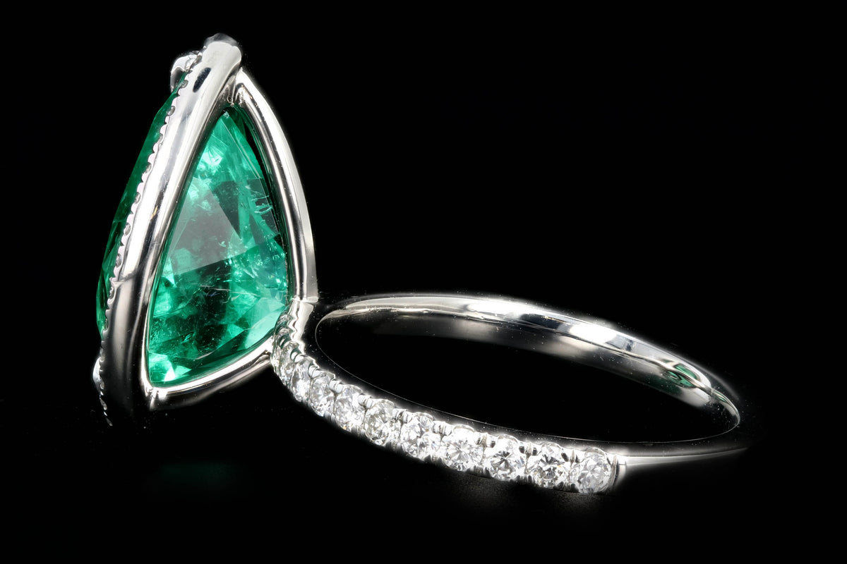 New Platinum 5 Carat Colombian Pear Cut Emerald Diamond Halo Ring - Queen May