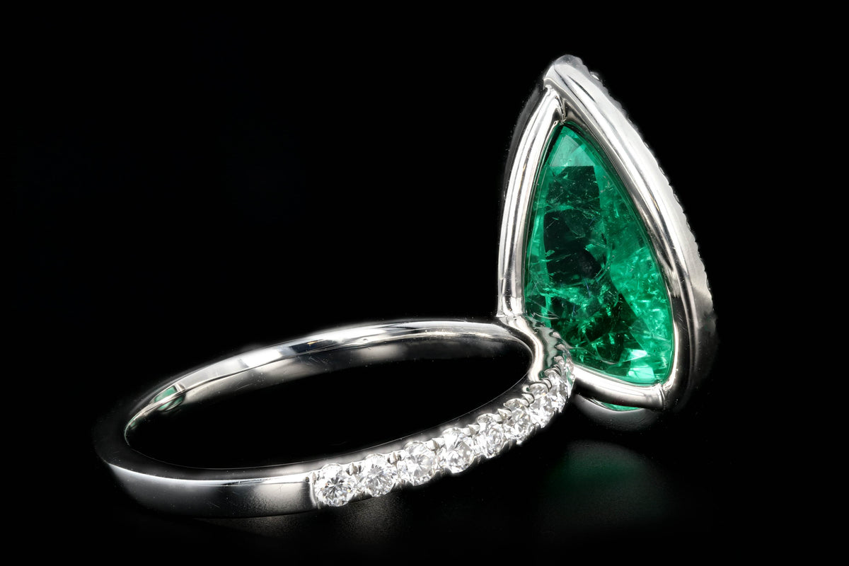 New Platinum 5 Carat Colombian Pear Cut Emerald Diamond Halo Ring - Queen May