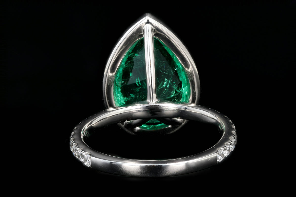 New Platinum 5 Carat Colombian Pear Cut Emerald Diamond Halo Ring - Queen May