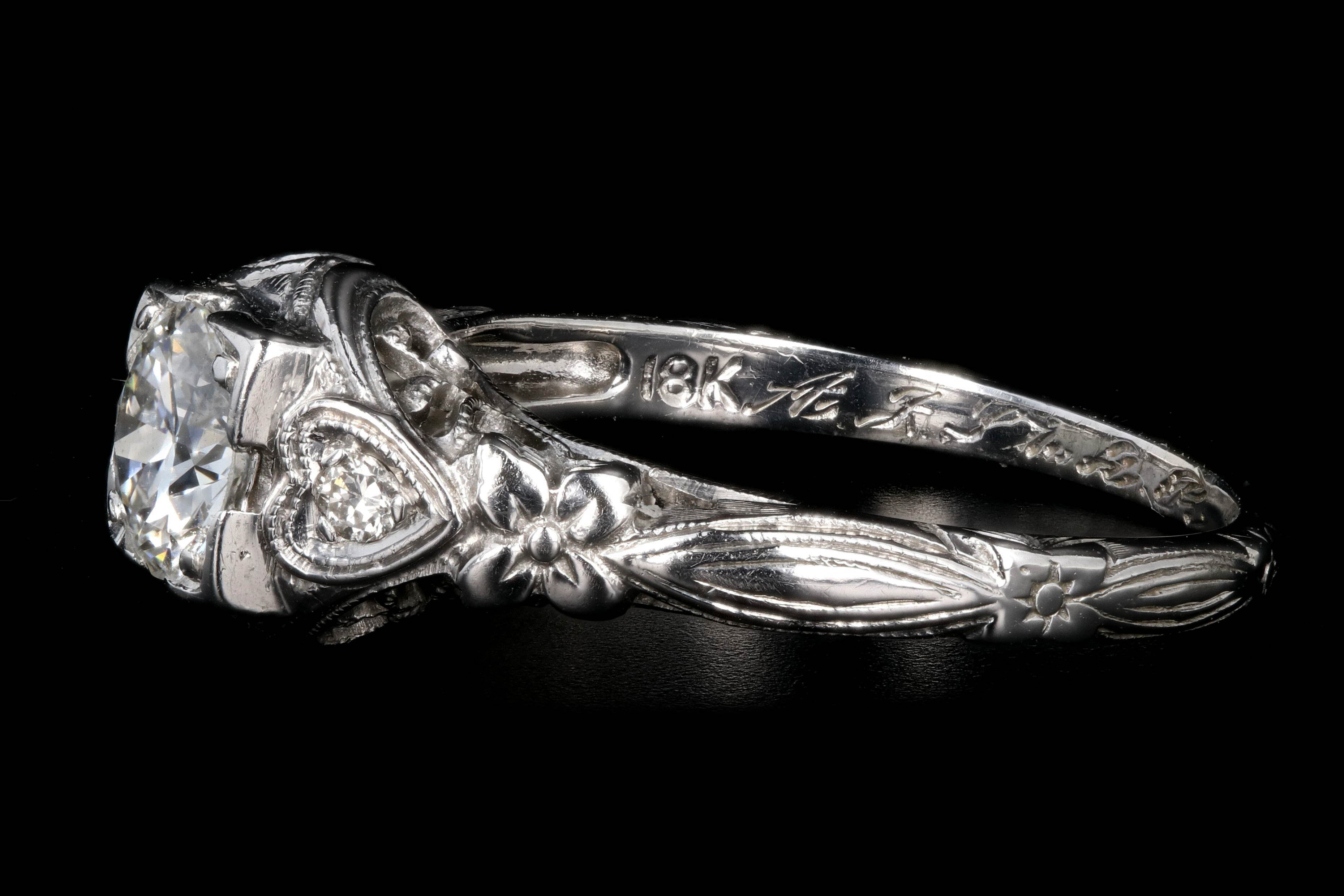 Art Deco 18k white gold .75CT Old European Cut Diamond Ring - Queen May