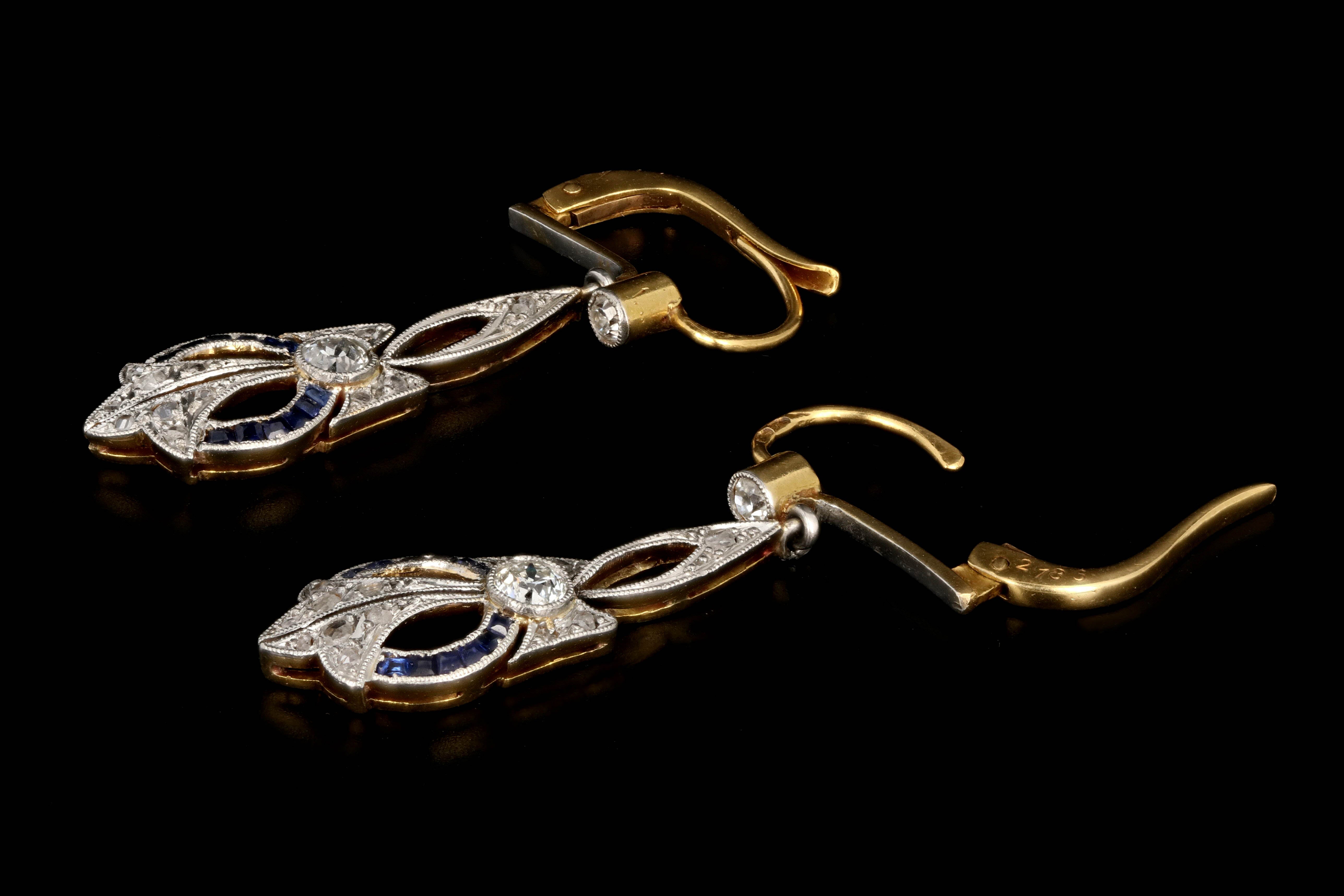 Edwardian French 18K Yellow Gold & Platinum Diamond and Sapphire Earrings - Queen May