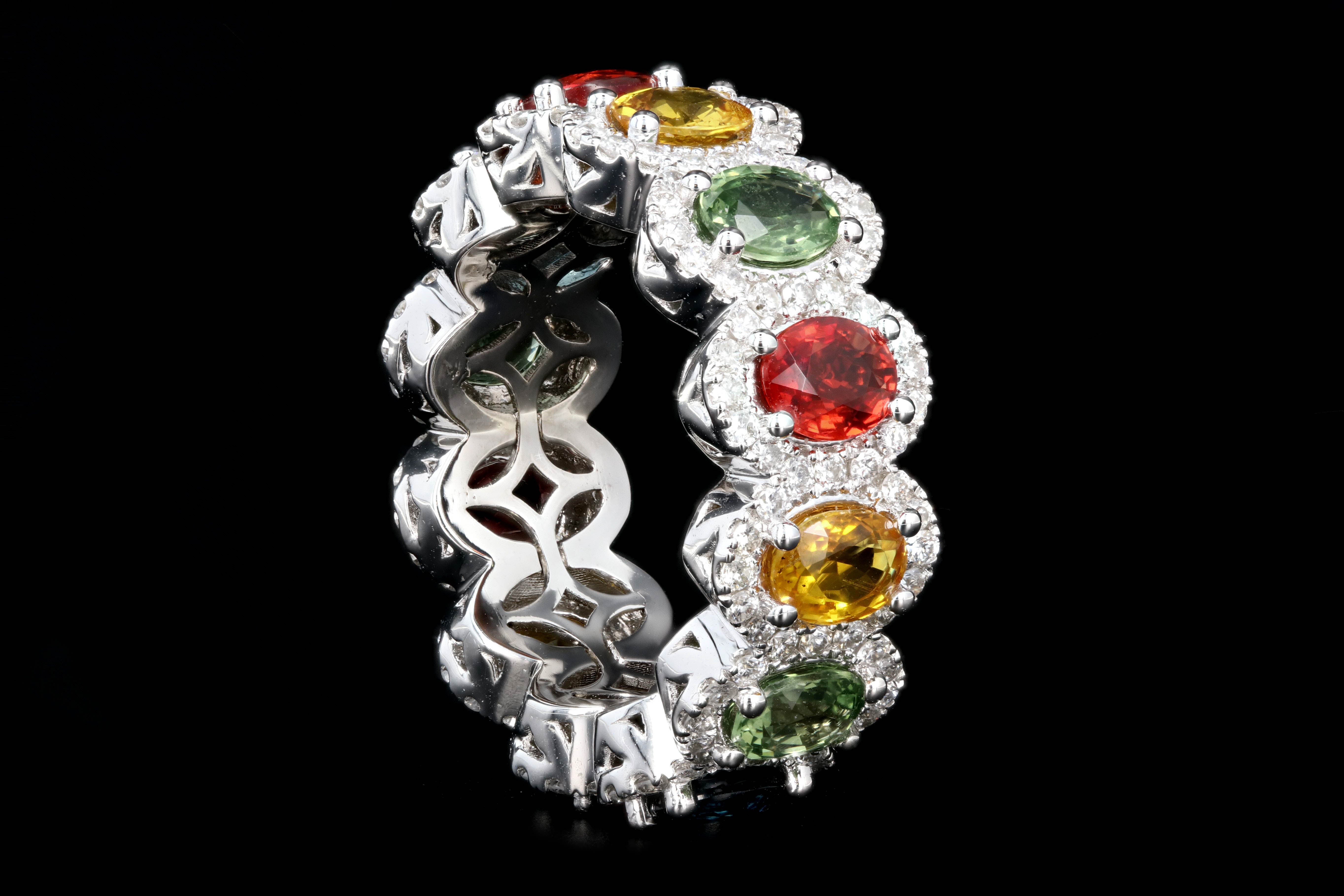 New 18K White Gold Oval Cut Multi Color Sapphire and Diamond Band - Queen May