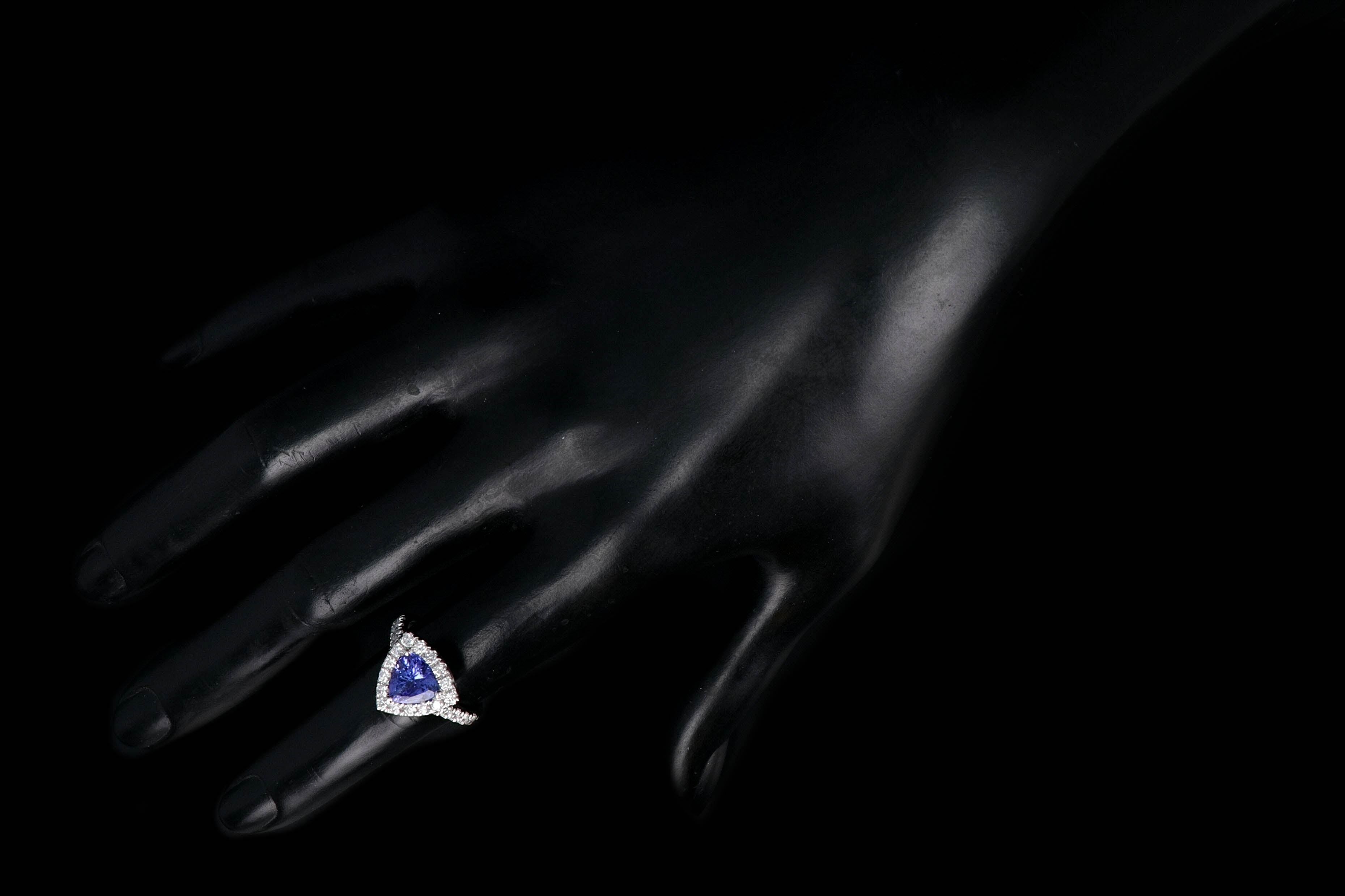 Modern 14K White Gold 1.72 Carat Trillion Cut Tanzanite Diamond Halo Ring - Queen May