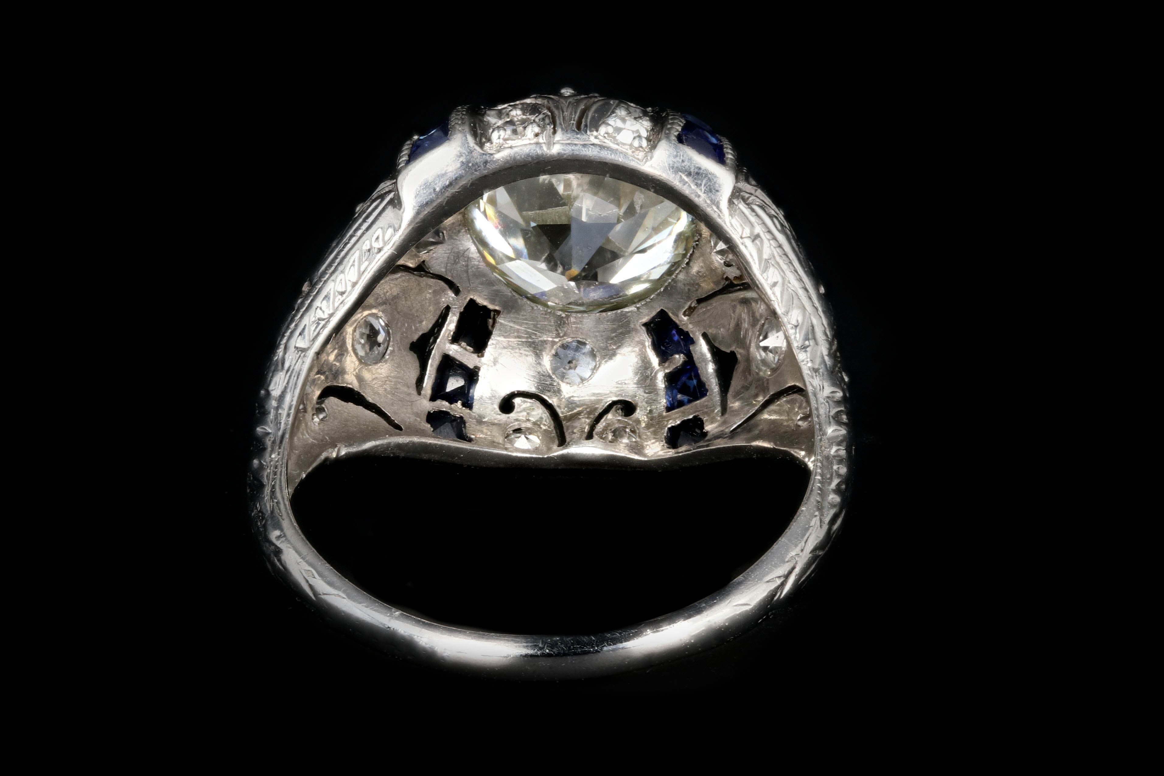 Art Deco Platinum 2 CTR Old European Cut Diamond And French Cut Sapphires Engagement Ring GIA Certified - Queen May