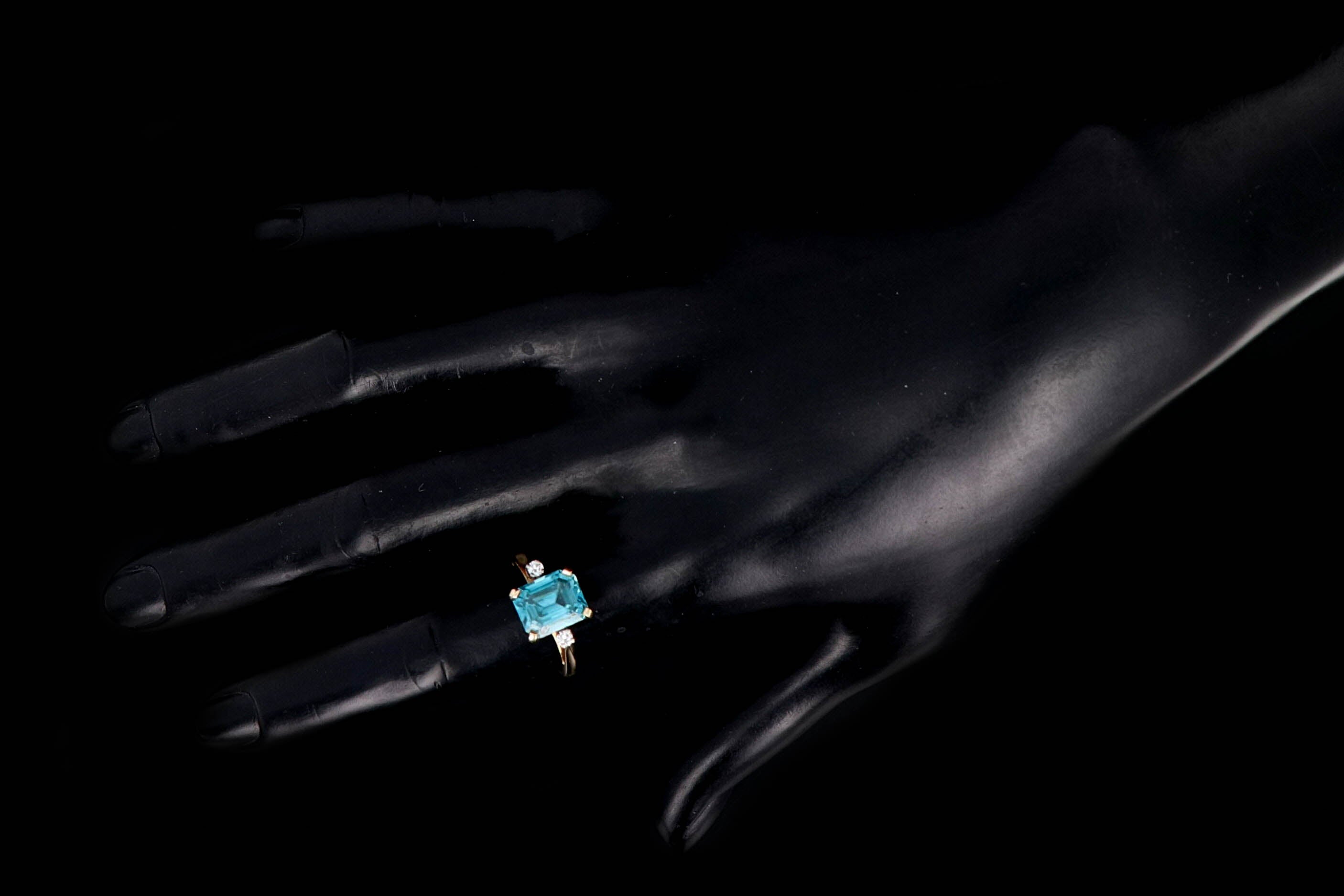 Modern 14K Yellow Gold 5 CT Emerald Cut Blue Zircon and Diamond Ring - Queen May