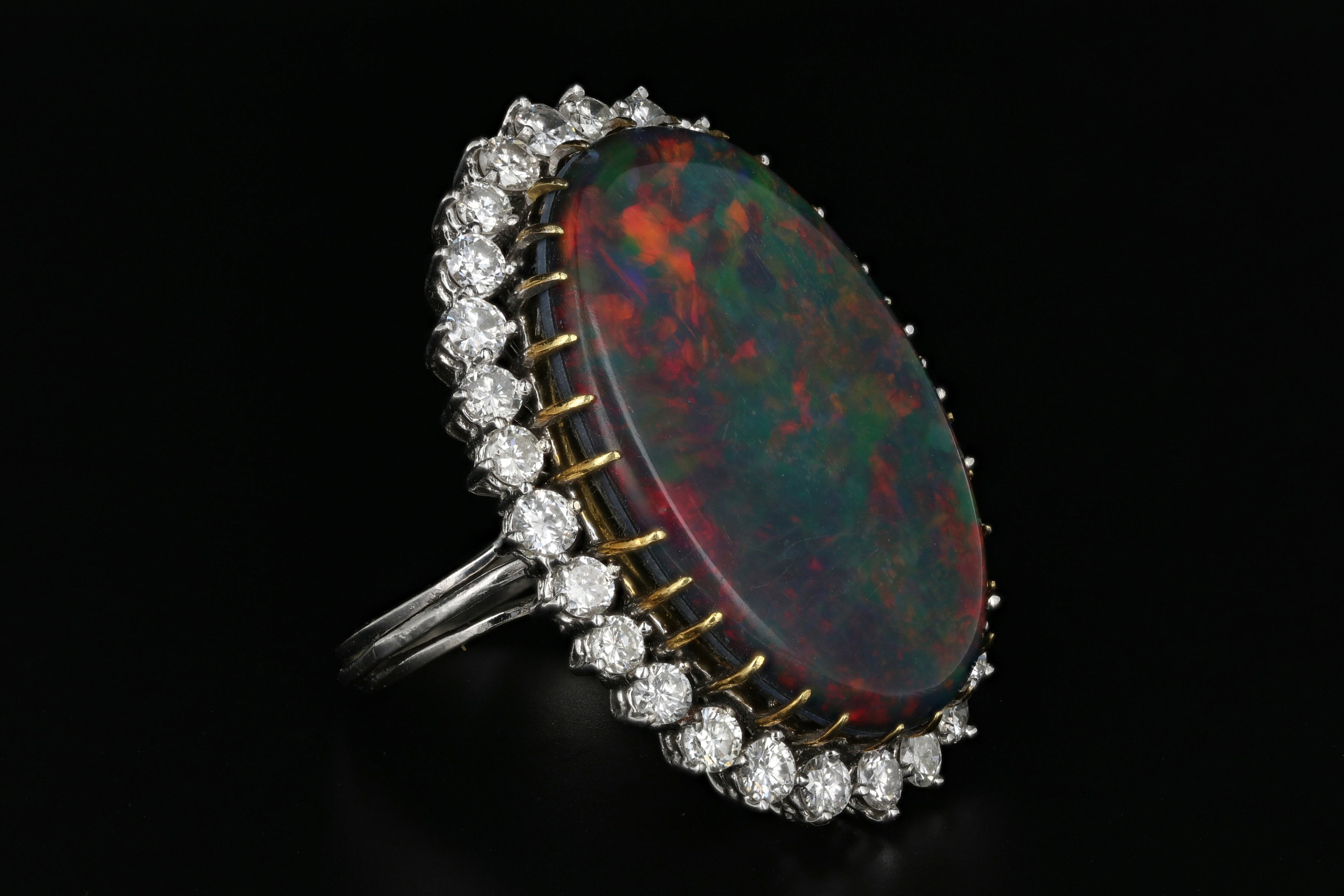 Modern 14K White Gold Australian Black Opal Doublet and Diamond Ring - Queen May