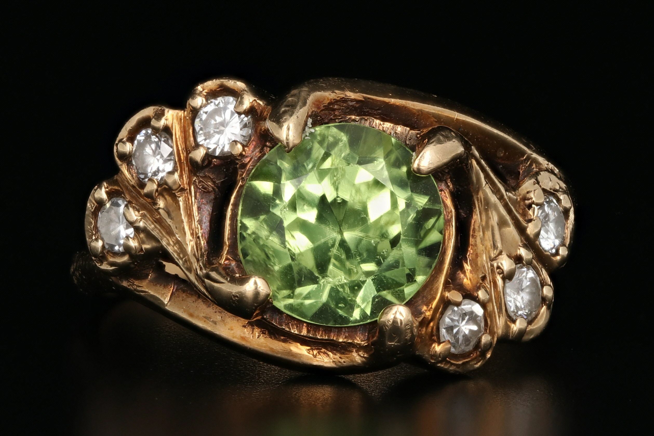 Vintage 14K Yellow Gold 2 Carat Peridot and Diamond Ring - Queen May