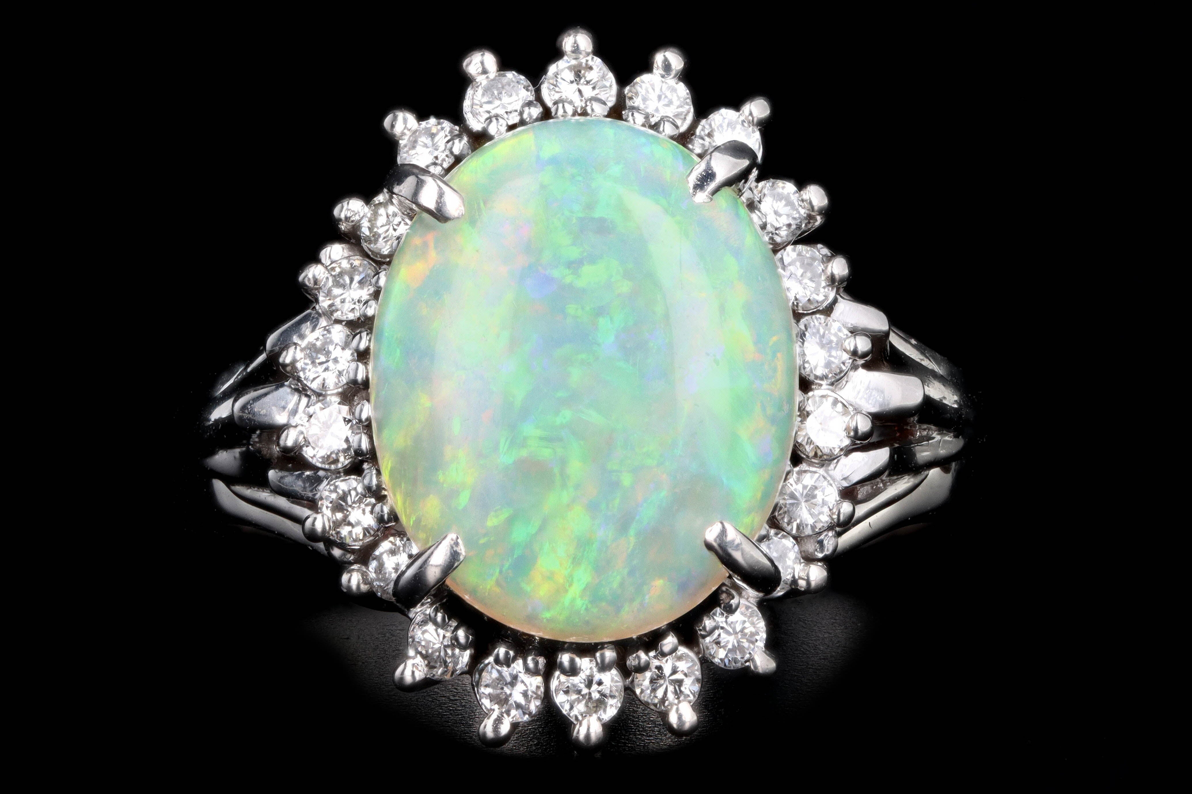 Retro Platinum 1.83 Carat Oval Cabochon Cut Opal & Diamond Ring - Queen May