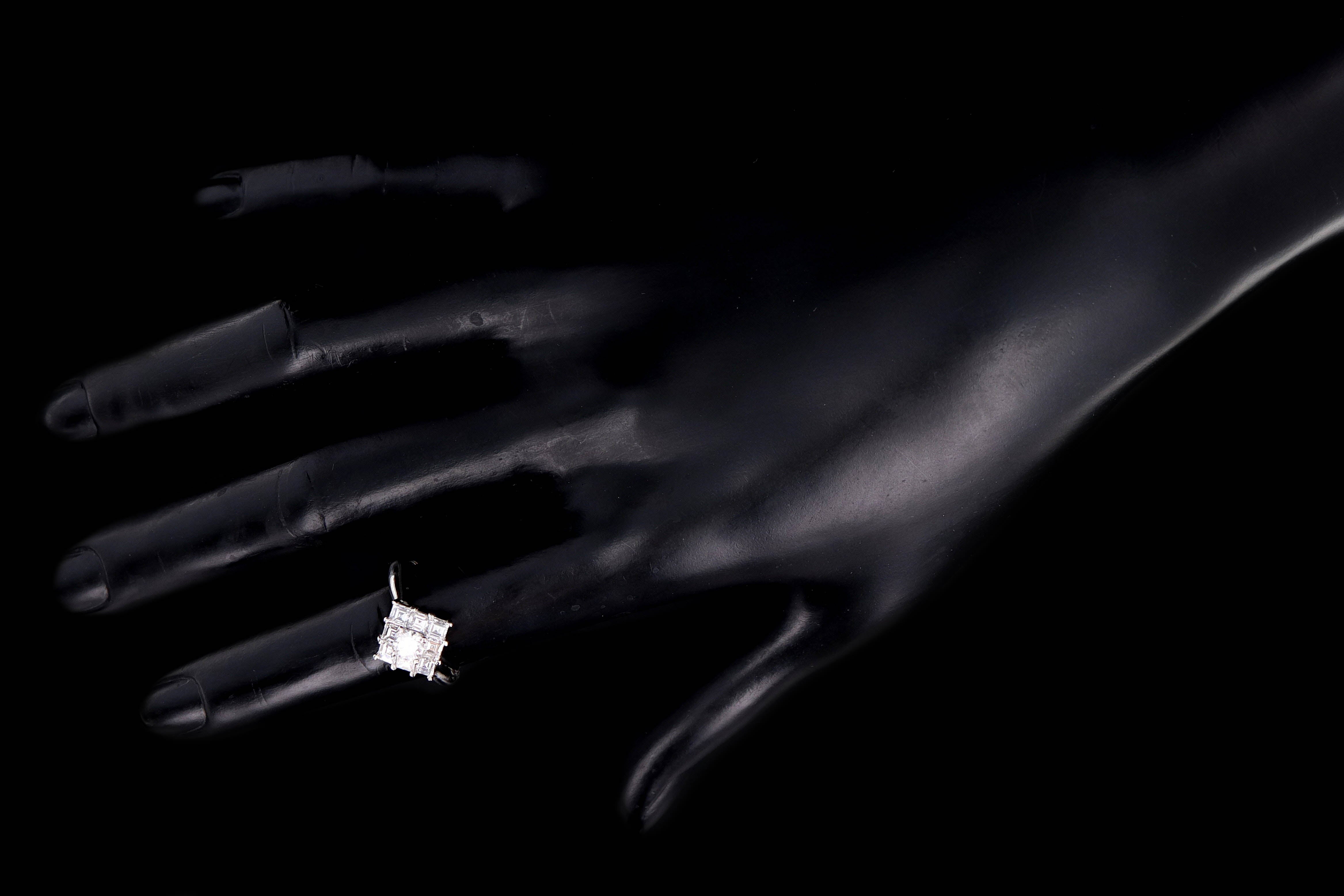 Modern Platinum .31 Carat Round Brilliant & Asscher Cut Diamond Ring - Queen May