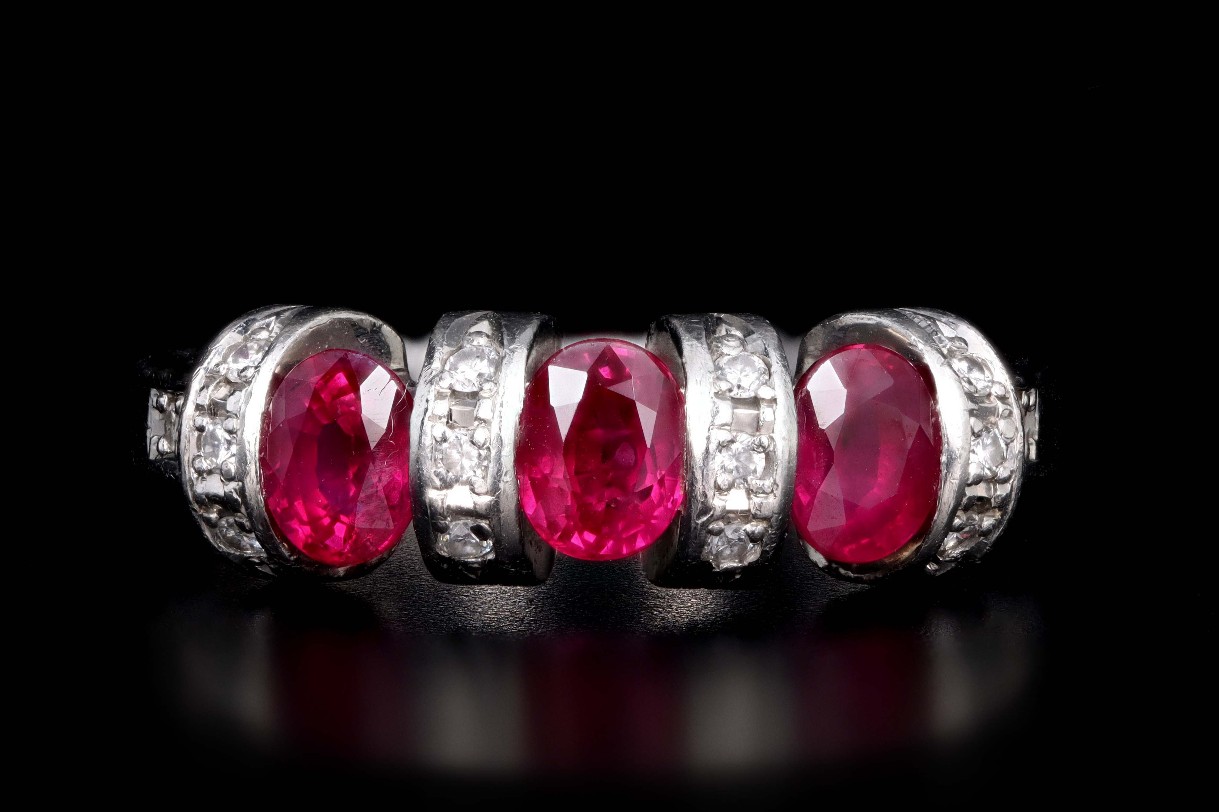 Modern Platinum Three Stone Ruby & Diamond Ring - Queen May