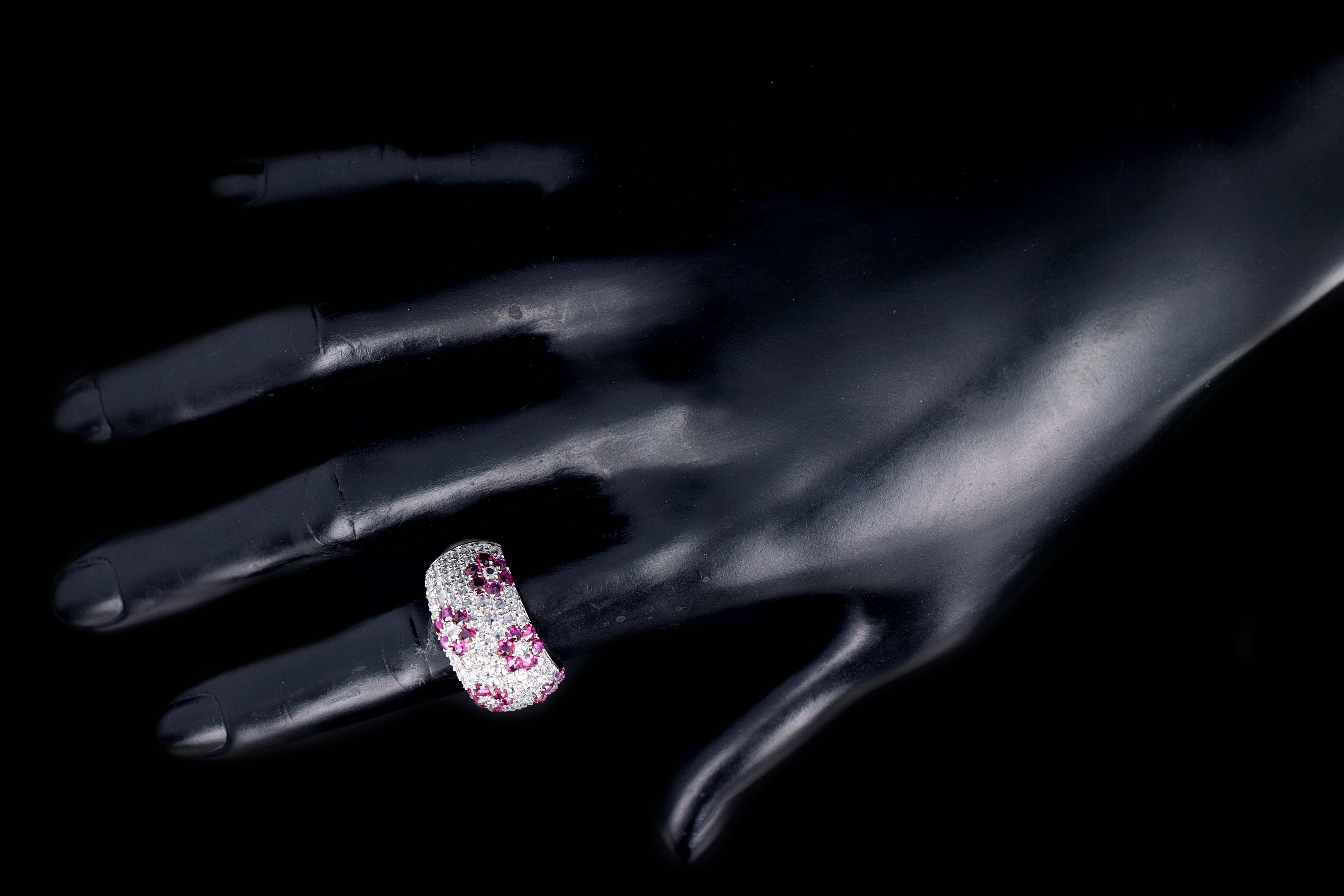 Modern Platinum Diamond and Ruby Flower Dome Ring - Queen May