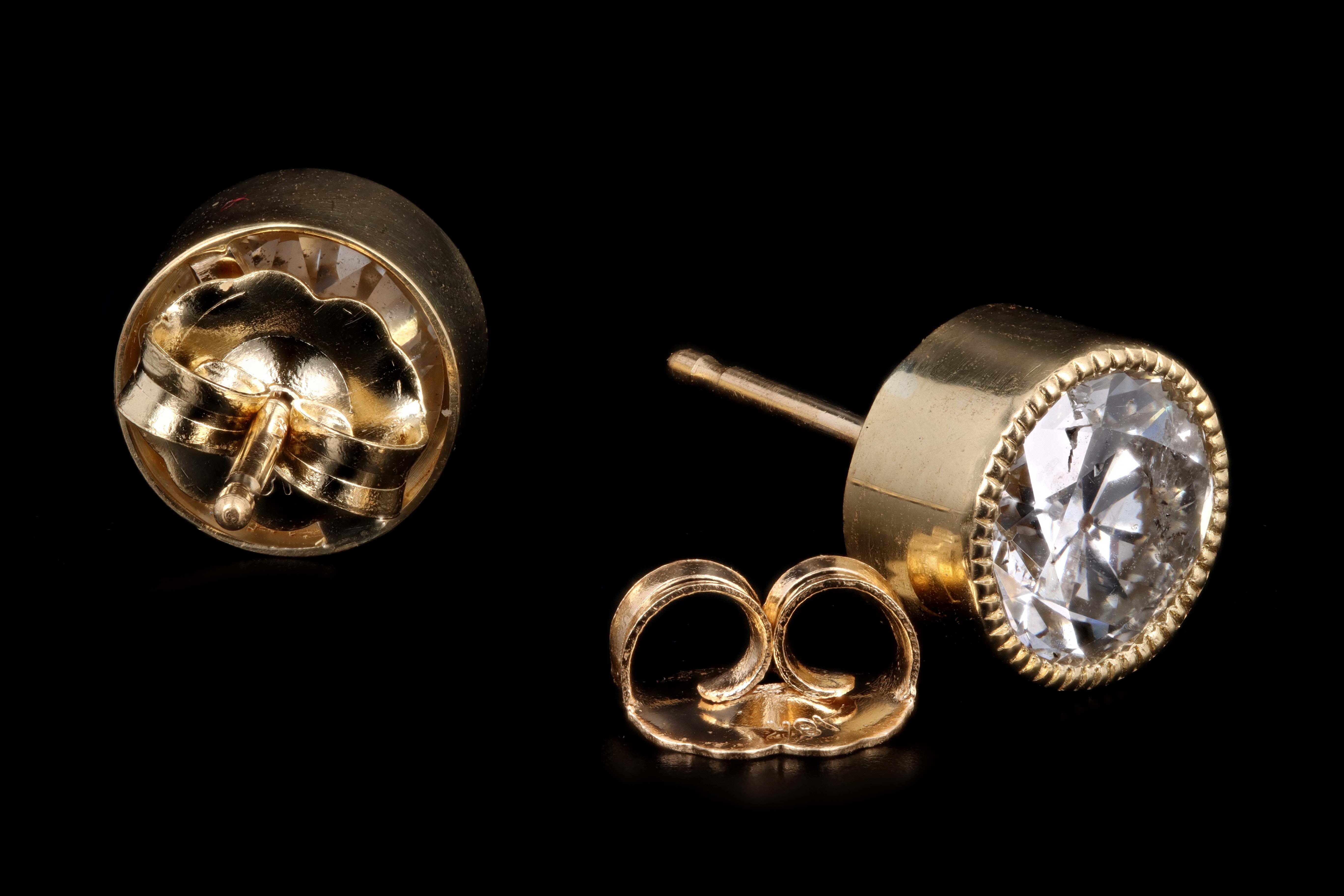 New 18K Yellow Gold 1.80 Carat Old European Cut Diamond Bezel Set Stud Earrings - Queen May