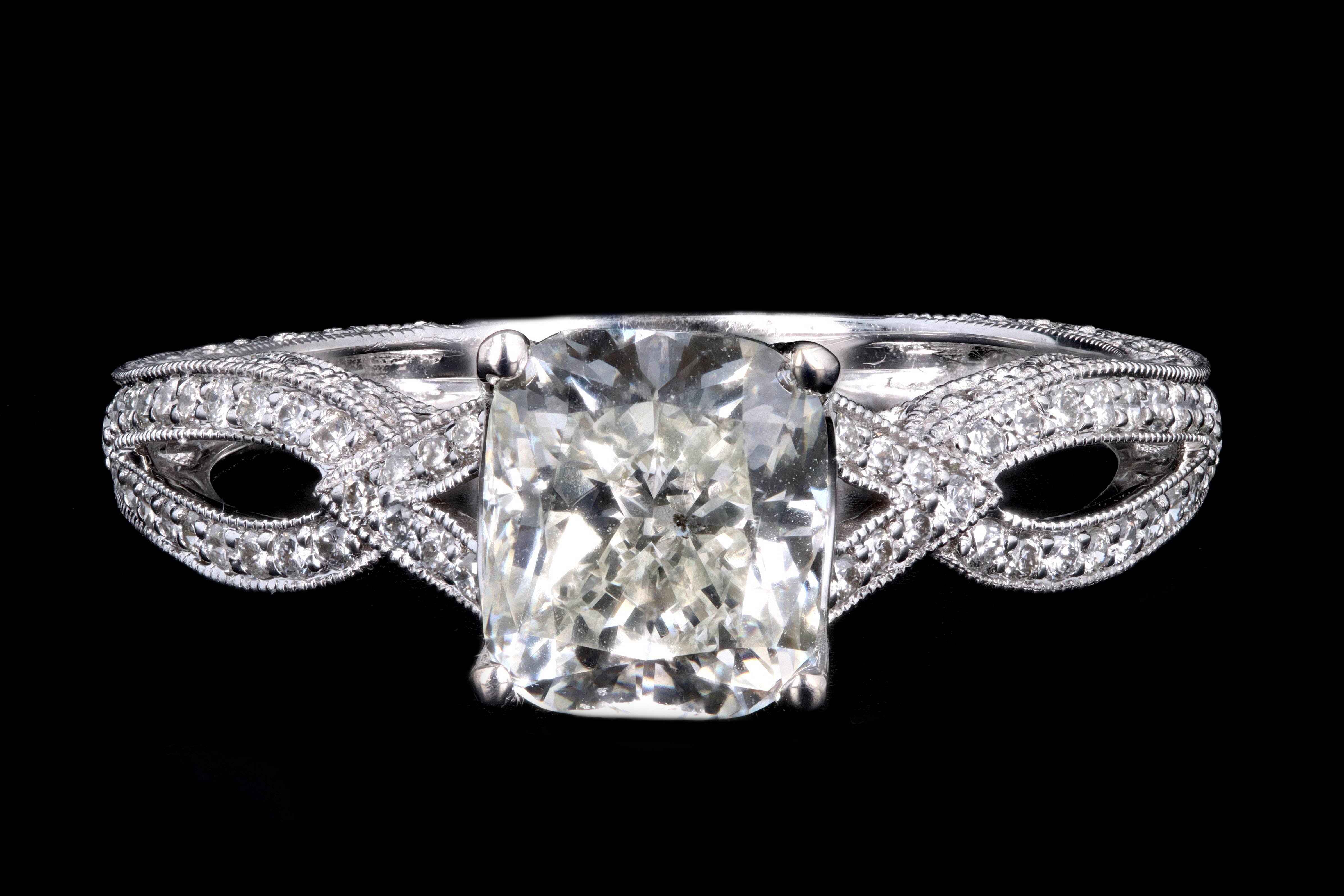 Modern 18K White Gold 1.71 Carat Cushion Cut Diamond Engagement Ring GIA Certified - Queen May