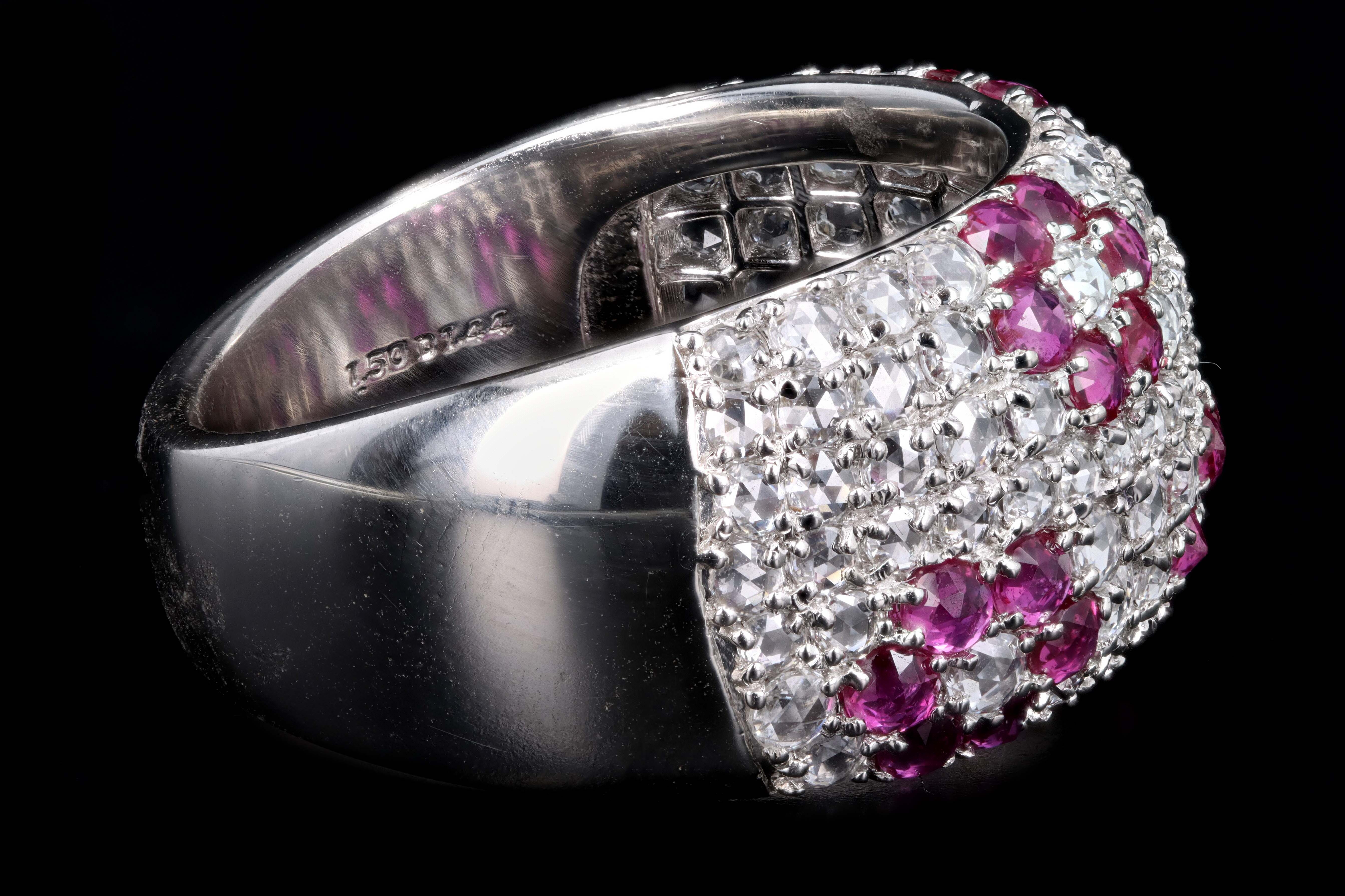 Modern Platinum Diamond and Ruby Flower Dome Ring - Queen May