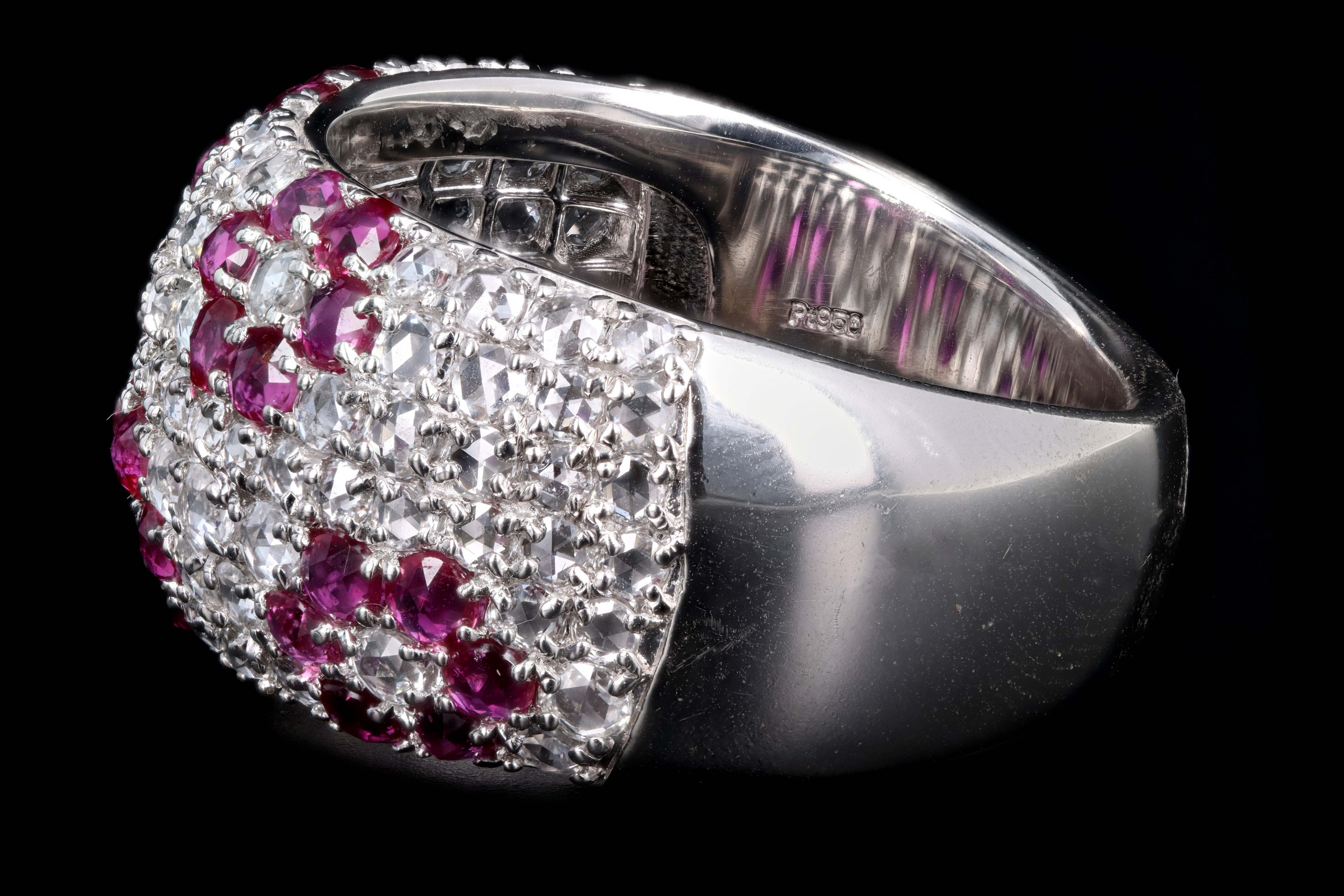 Modern Platinum Diamond and Ruby Flower Dome Ring - Queen May
