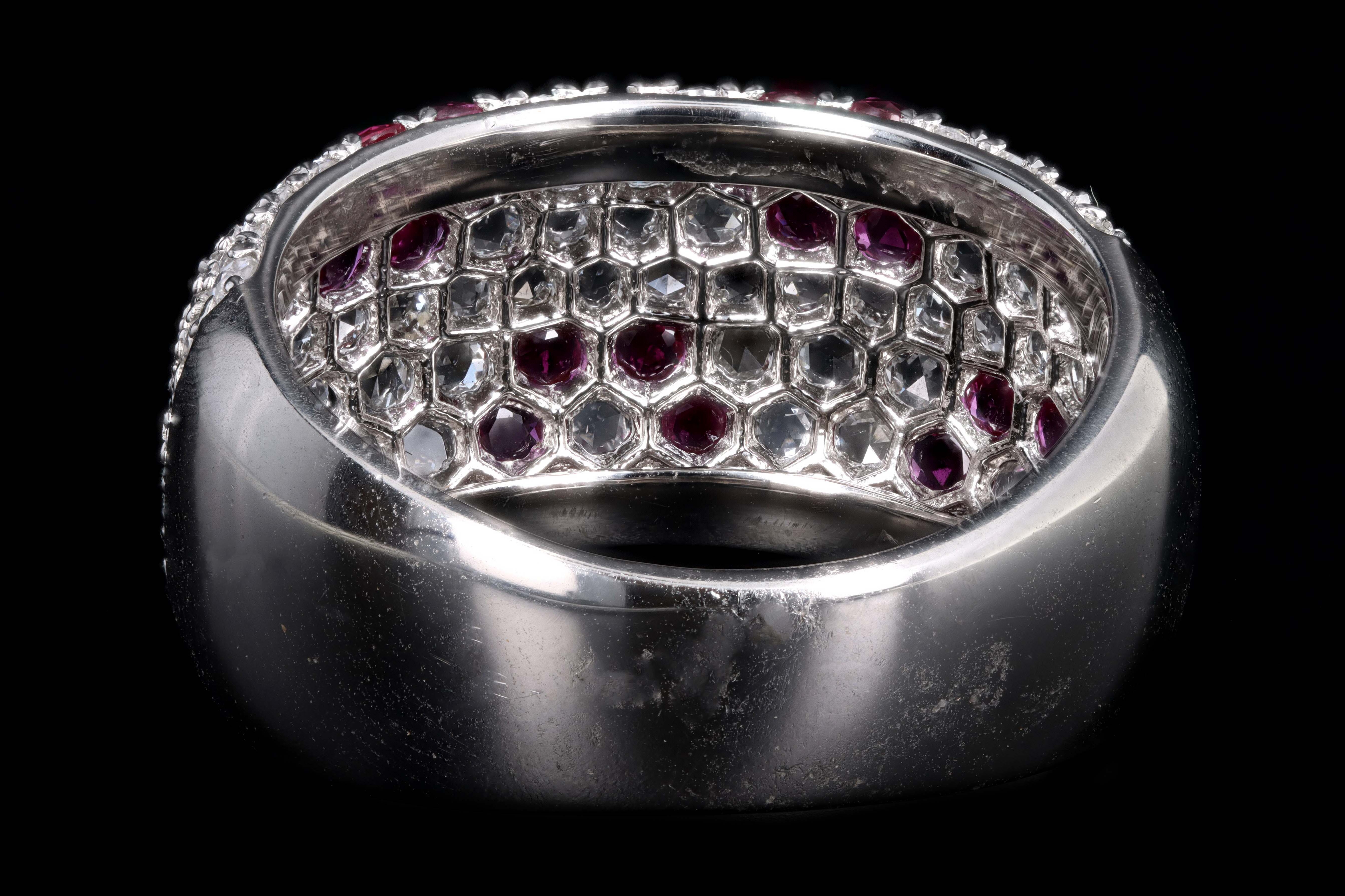 Modern Platinum Diamond and Ruby Flower Dome Ring - Queen May