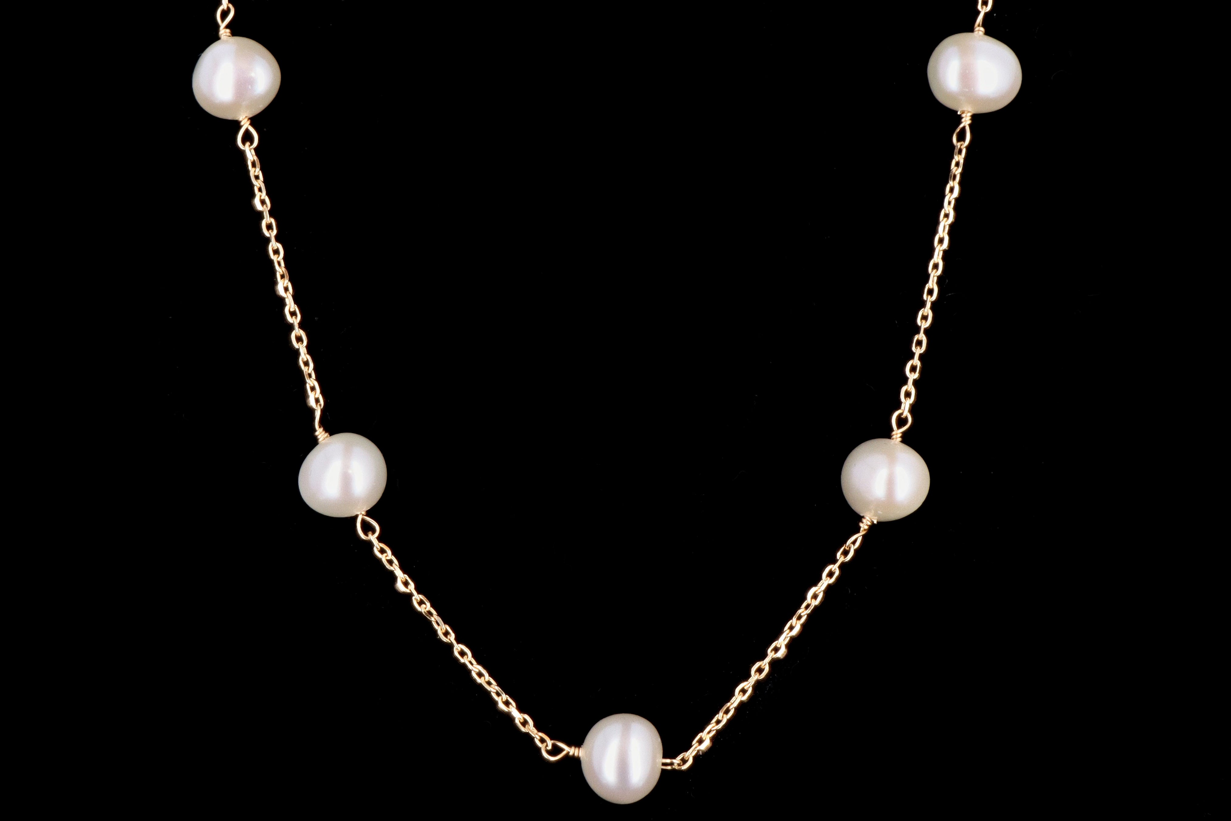 14K Yellow or White Gold Freshwater Cultured Pearl Station Necklace - Queen May