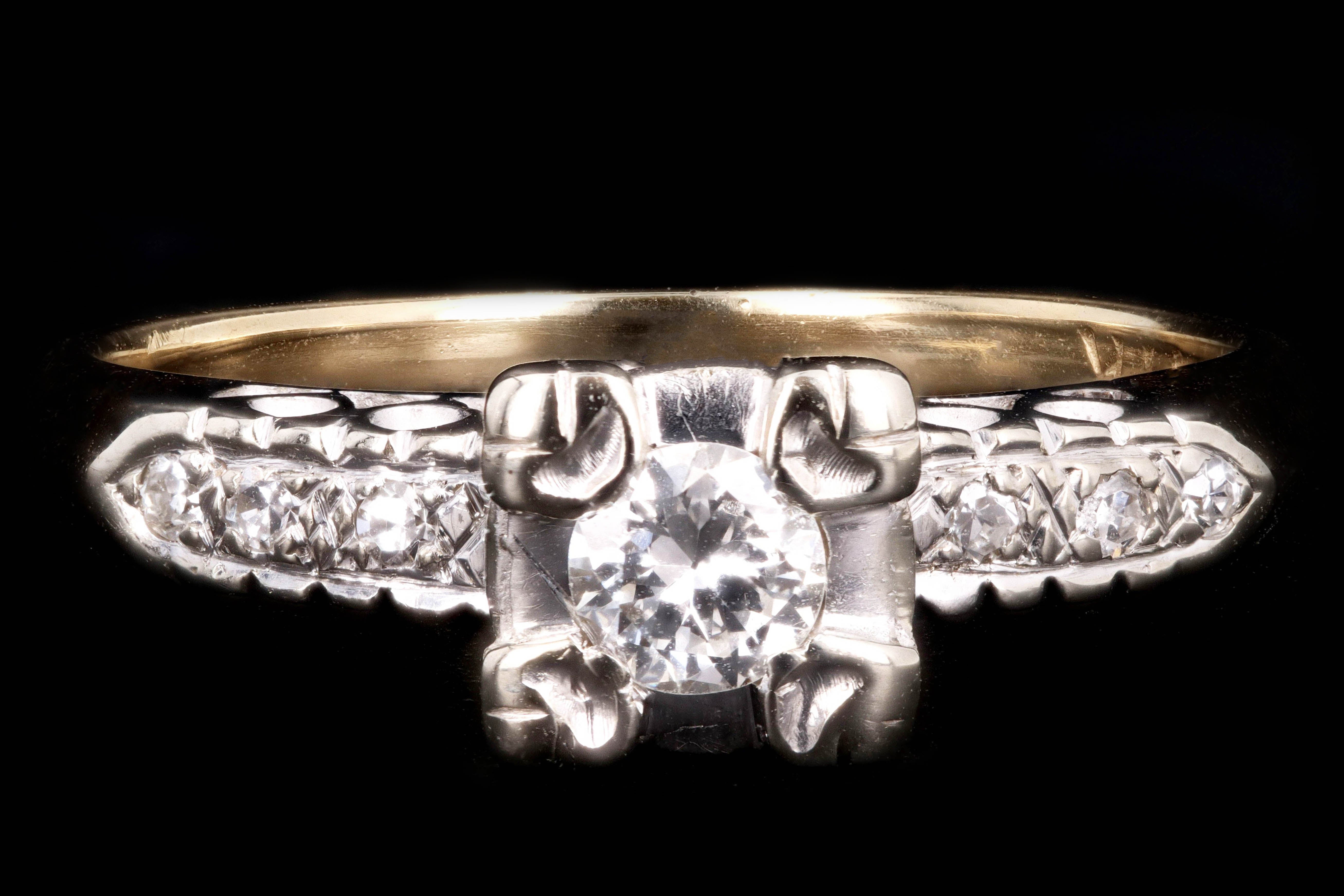 Mid Century 14K Gold .20 Carat Transition Cut Diamond Engagement Ring - Queen May