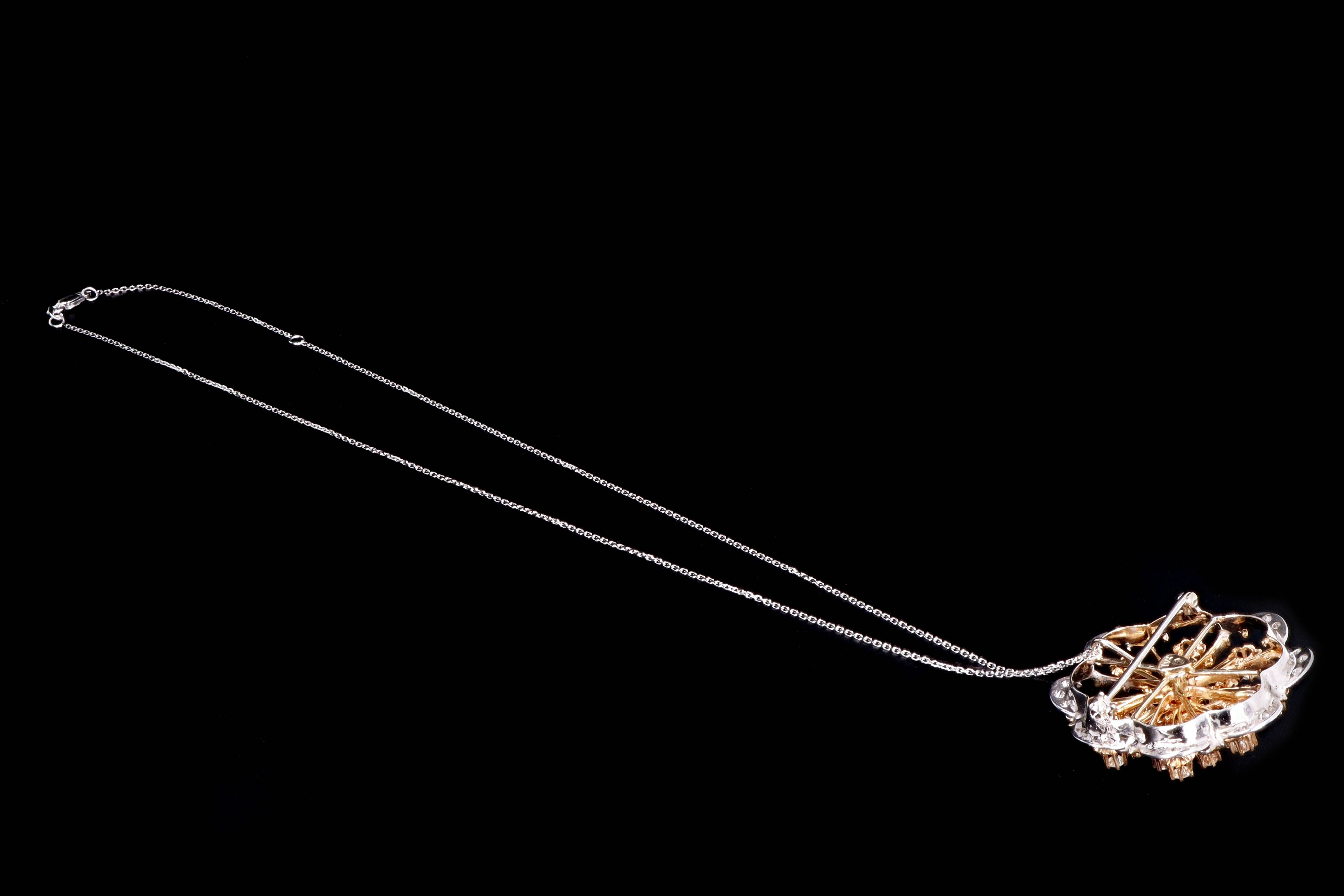 Retro 14K Gold 1.5 Carat Round Brilliant Diamond Flower Pin Conversion Pendant Necklace - Queen May
