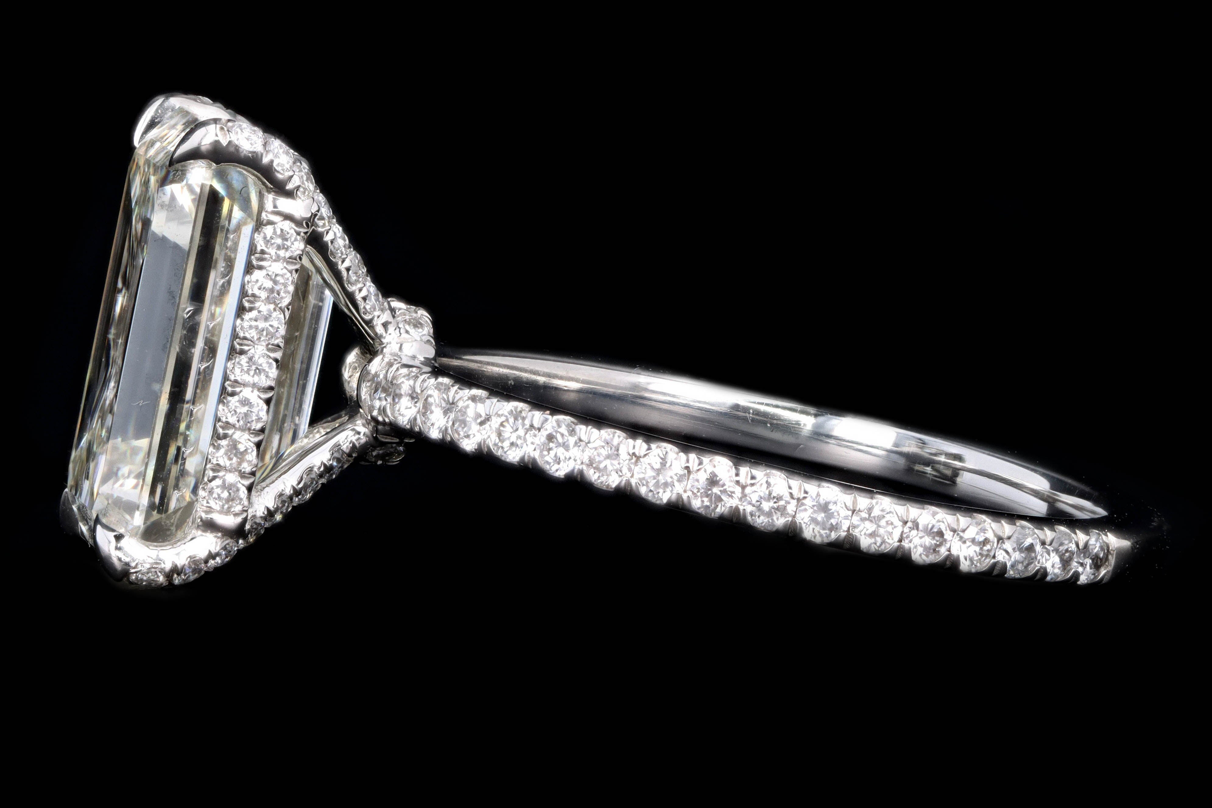 New Platinum 4.09 Carat Emerald Cut Diamond French Halo Engagement Ring GIA Certified - Queen May