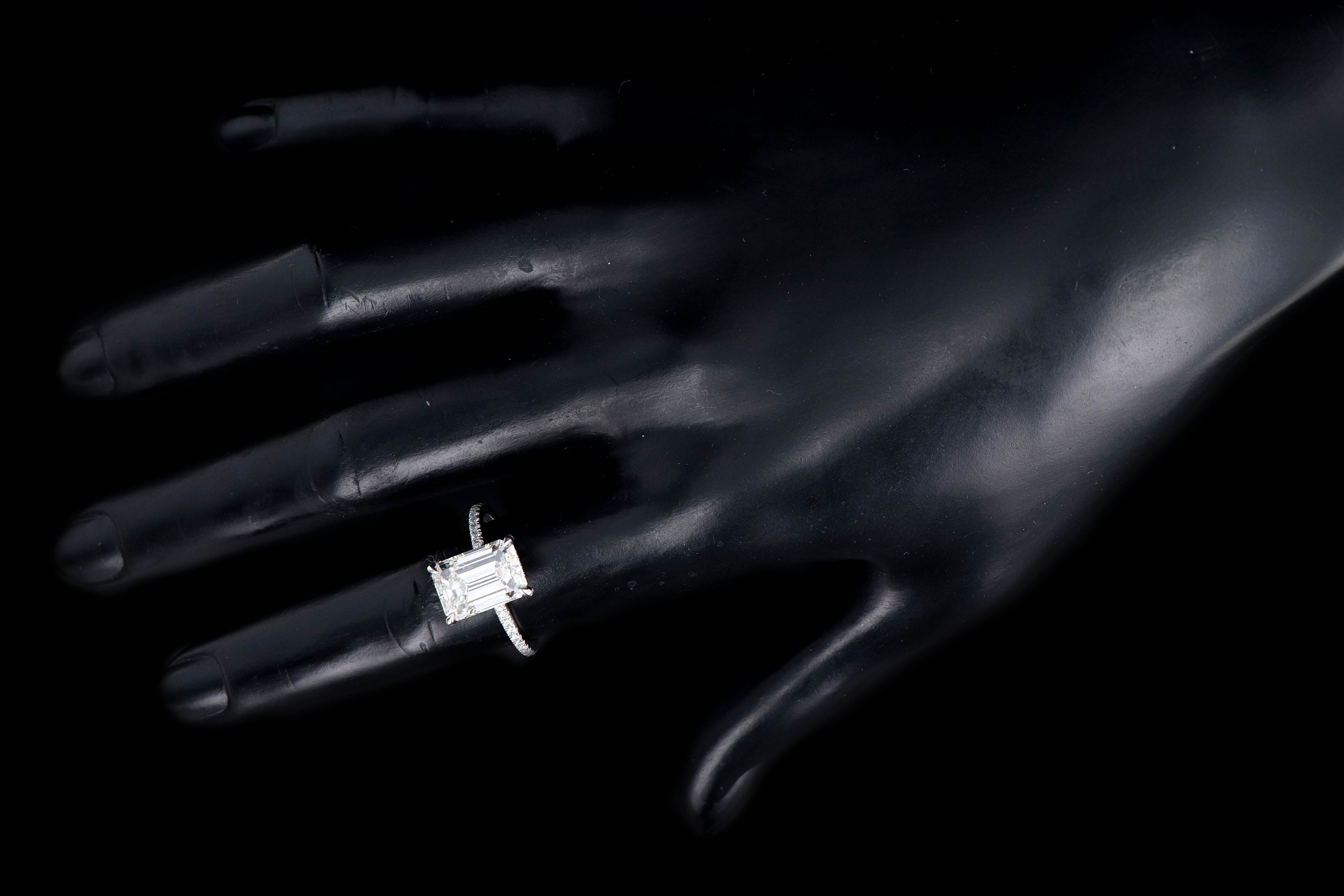 New Platinum 4.09 Carat Emerald Cut Diamond French Halo Engagement Ring GIA Certified - Queen May