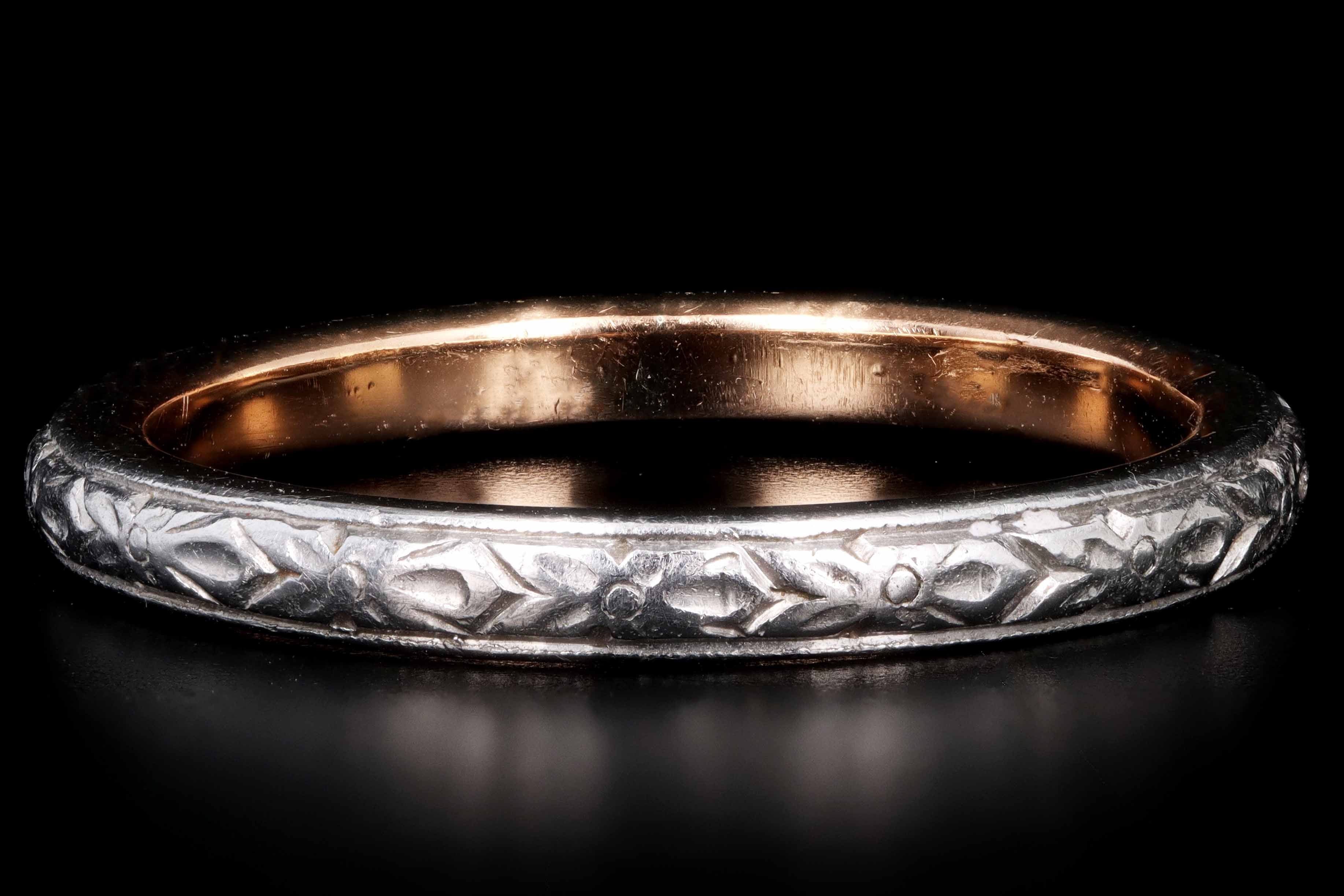 Antique Platinum & 14K Yellow Gold Hand Engraved Floral Motif Wedding Band Size 5.75 - Queen May