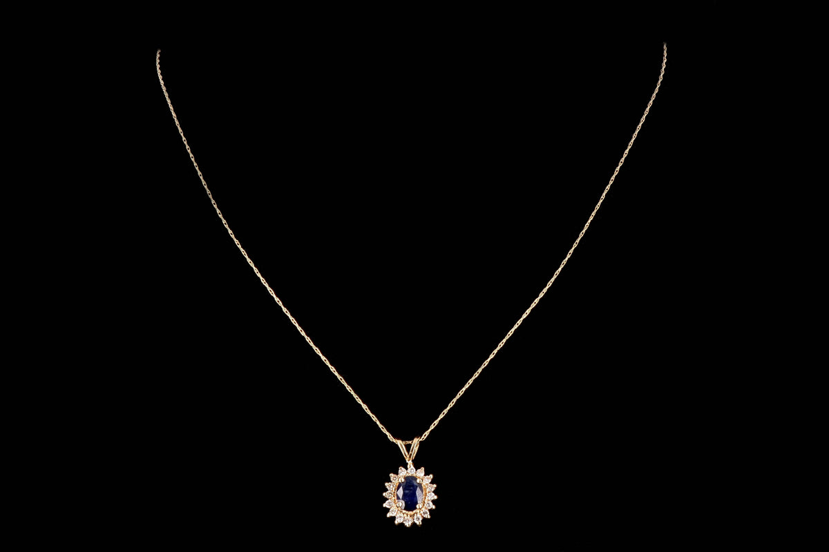 Modern 14K Yellow Gold .70 Carat Natural Sapphire & Diamond Pendant Necklace - Queen May