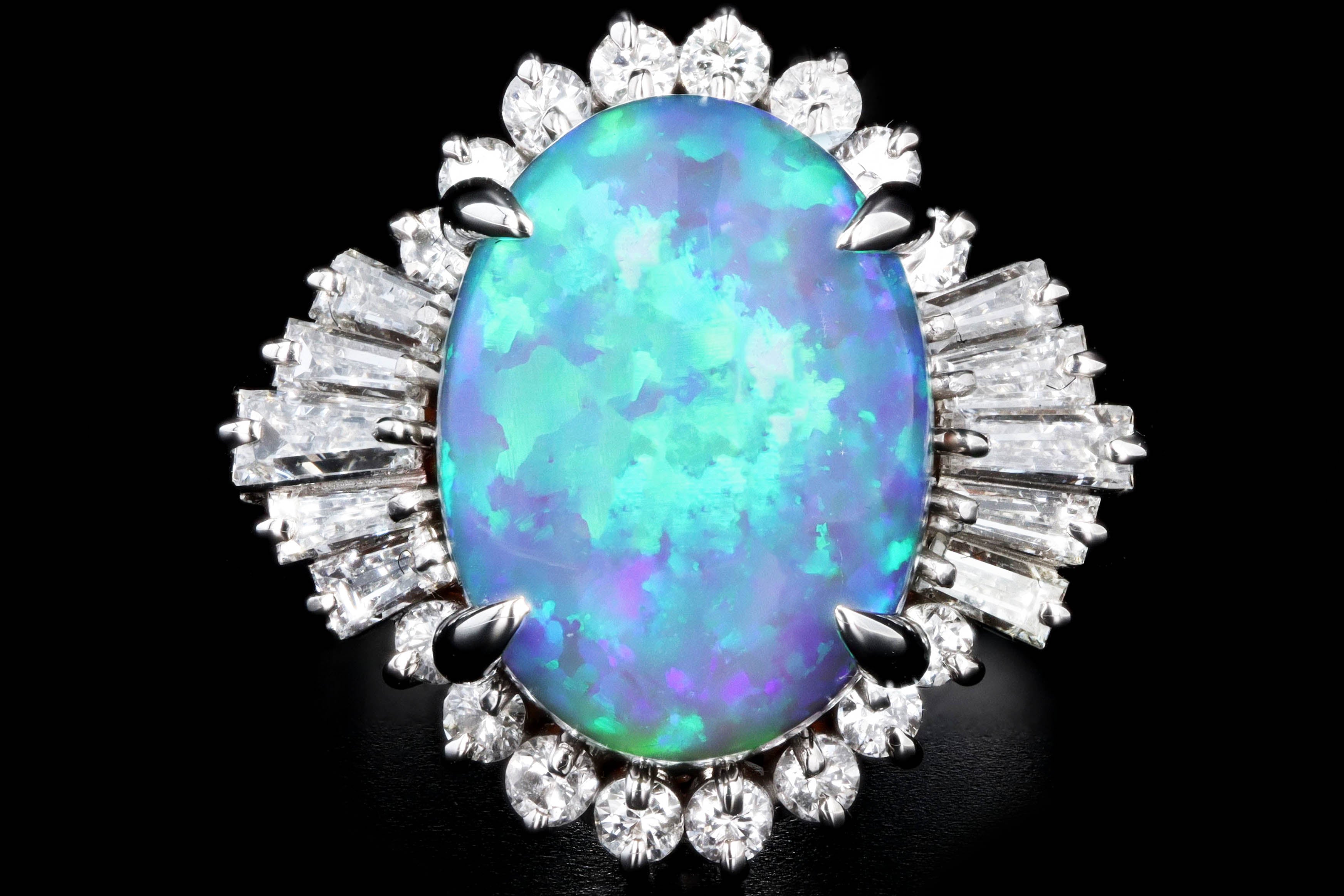 Retro Platinum 4.36 Carat Oval Cabochon Cut Black Opal & Diamond Ring - Queen May