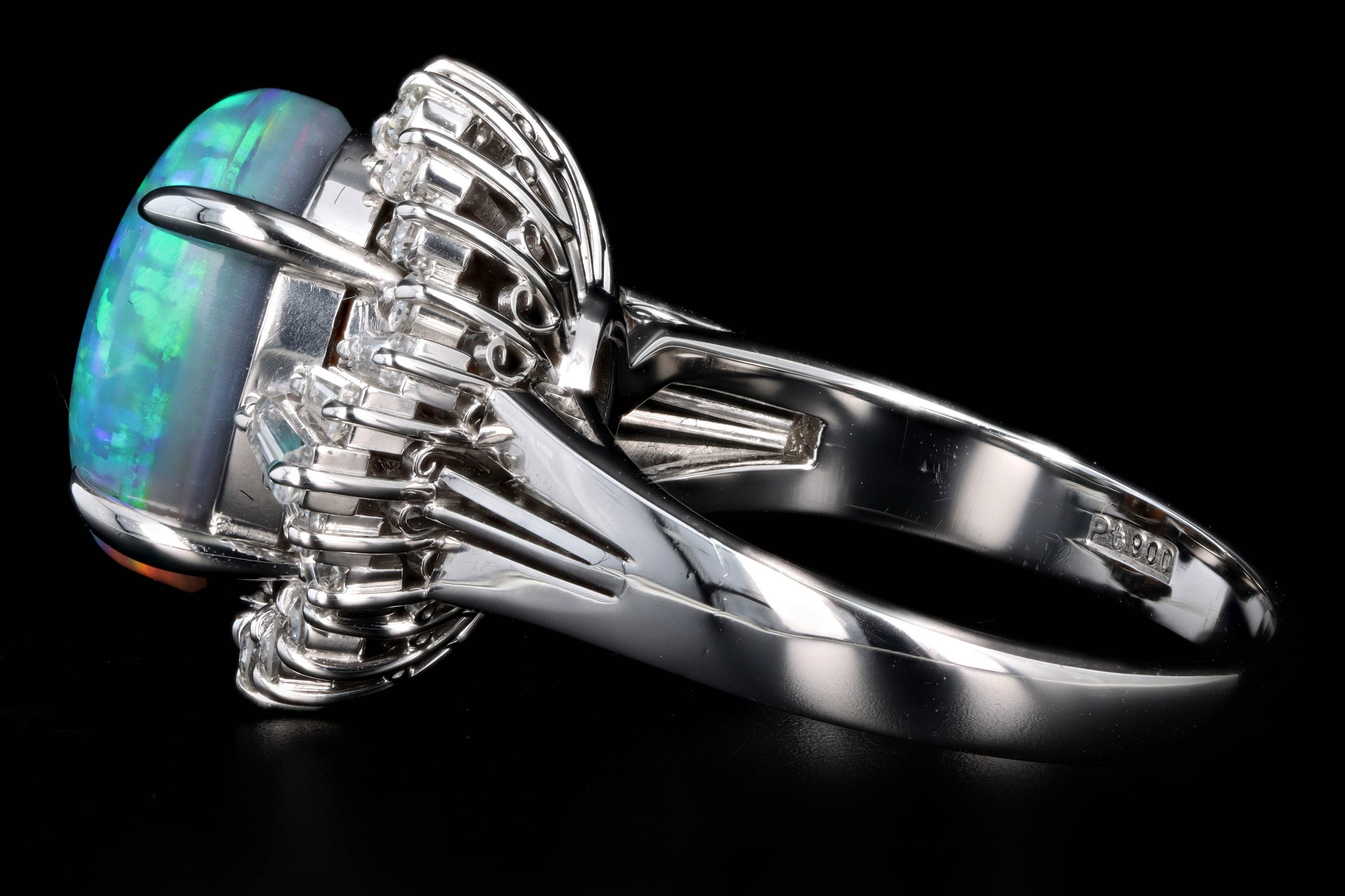 Retro Platinum 4.36 Carat Oval Cabochon Cut Black Opal & Diamond Ring - Queen May