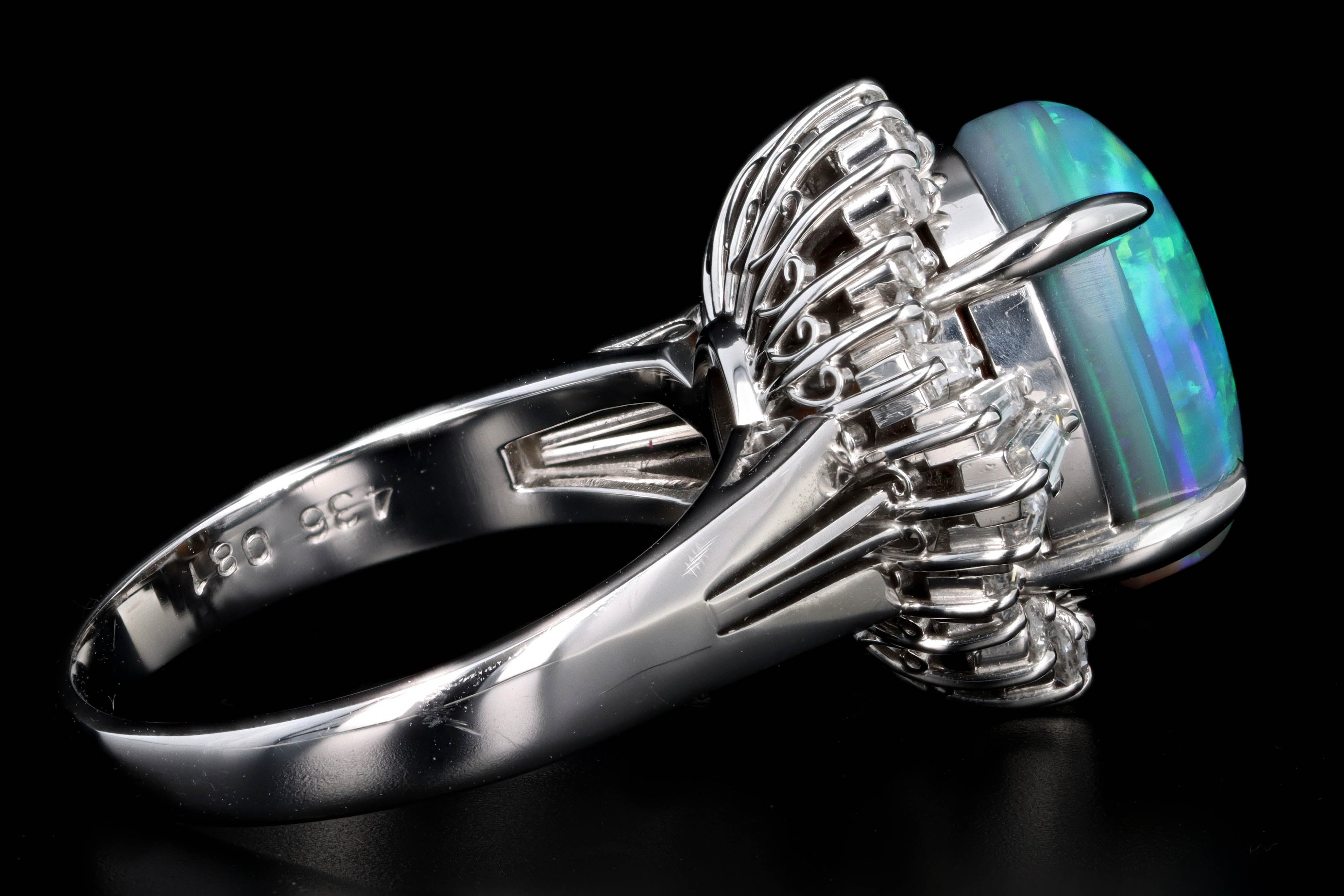 Retro Platinum 4.36 Carat Oval Cabochon Cut Black Opal & Diamond Ring - Queen May