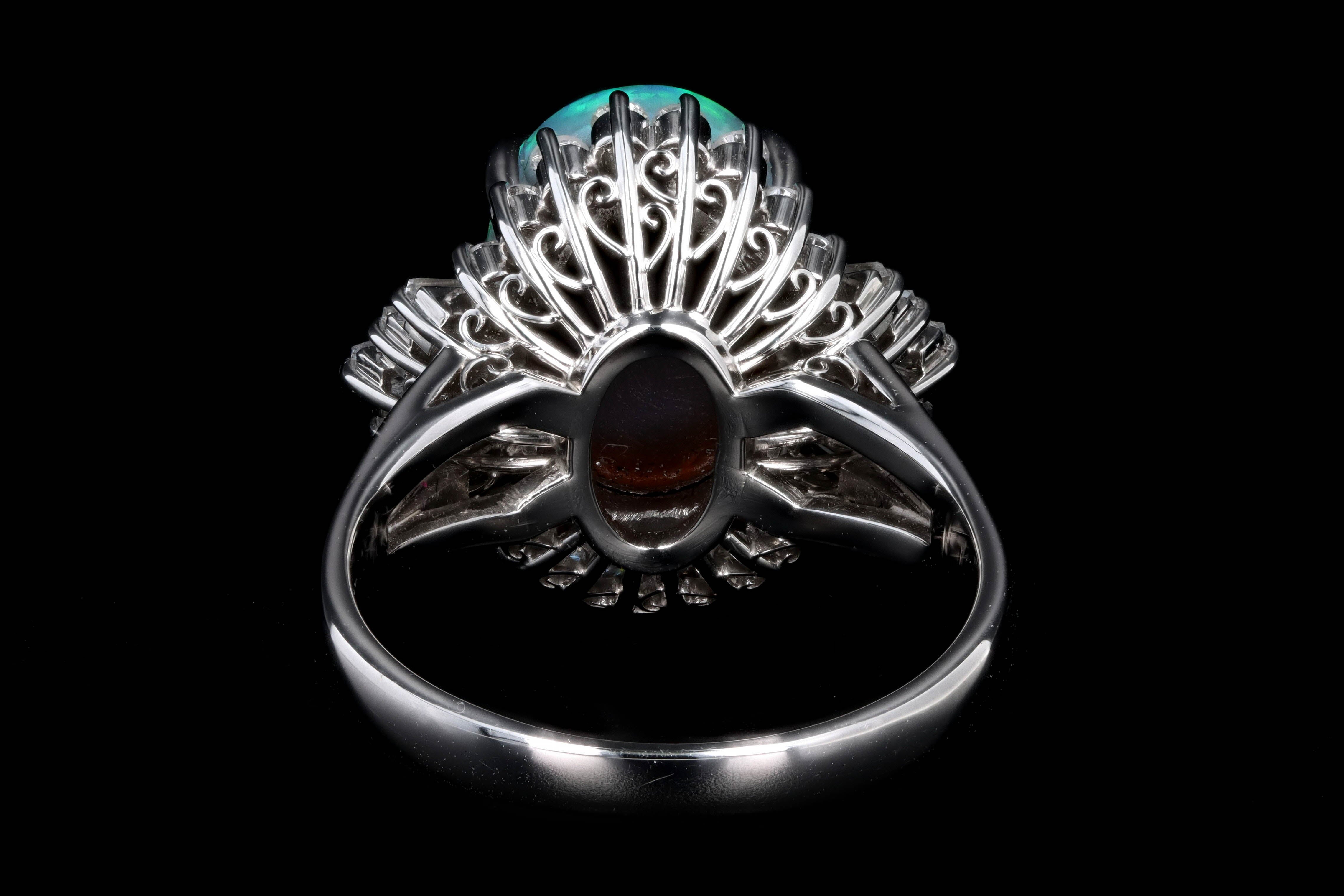 Retro Platinum 4.36 Carat Oval Cabochon Cut Black Opal & Diamond Ring - Queen May