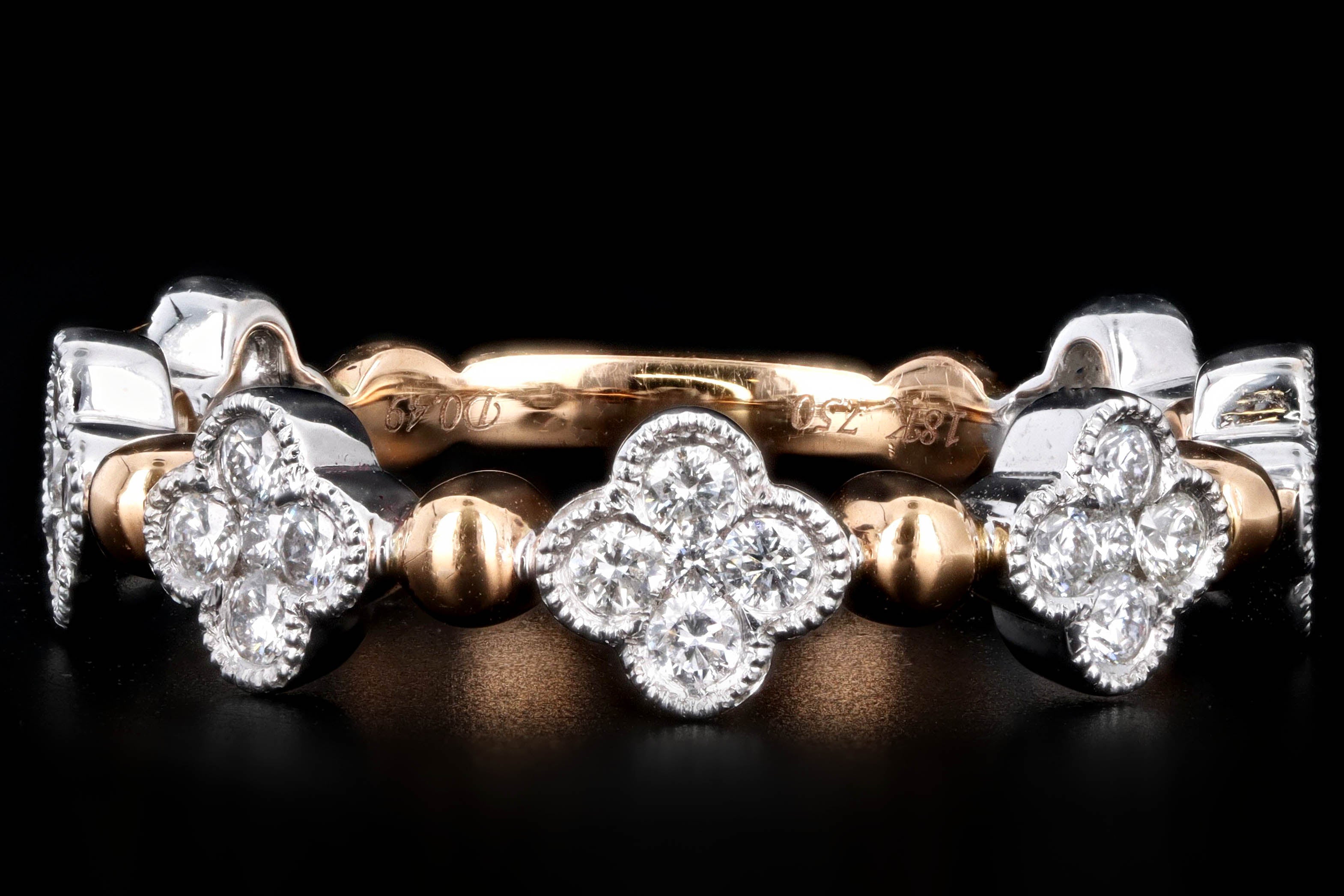 New 18K White & Rose Gold .49 Carat Round Brilliant Diamond Band Clover - Queen May
