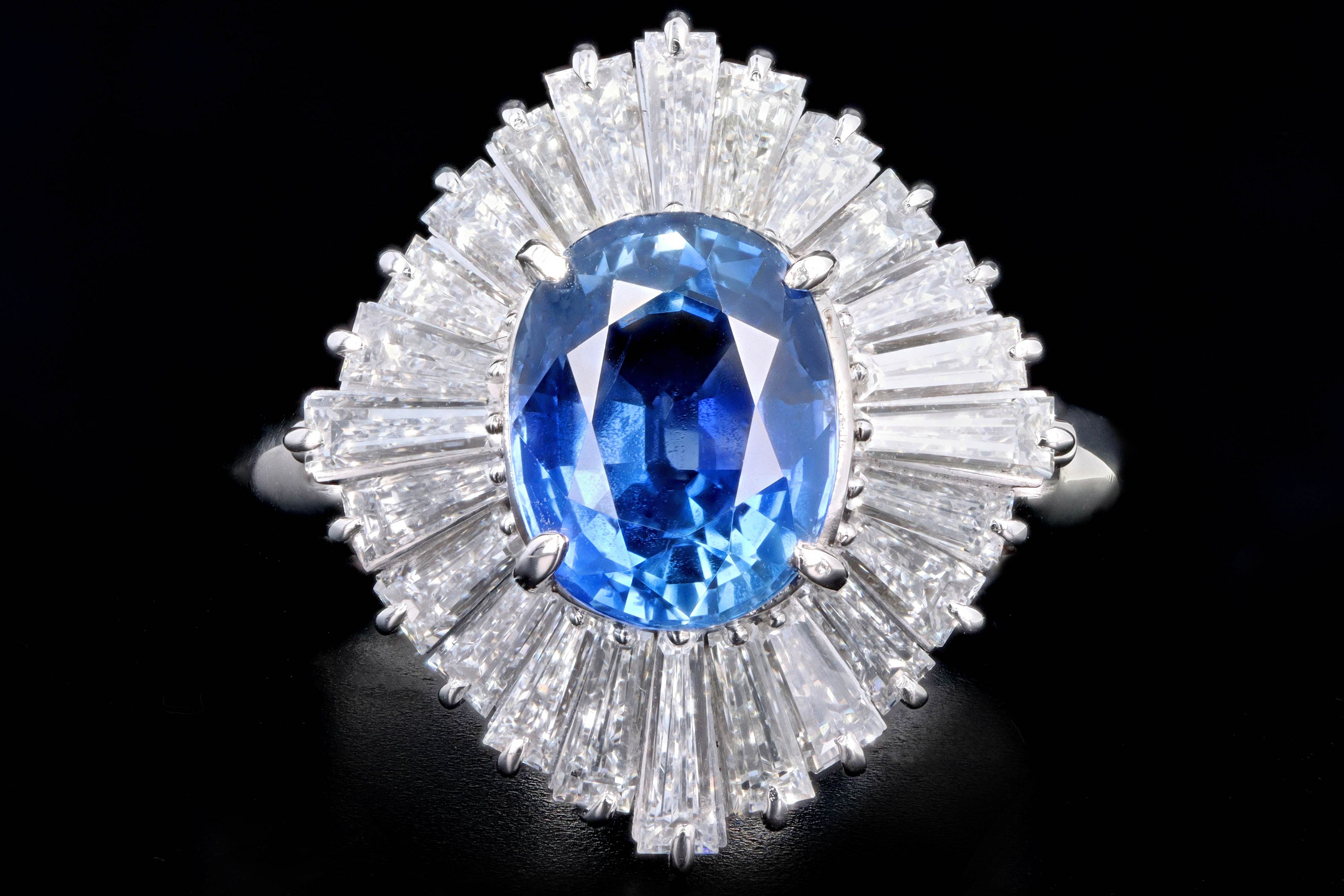 Retro Platinum 2.17 Carat Natural Sapphire & Tapered Baguette Diamond Ring - Queen May