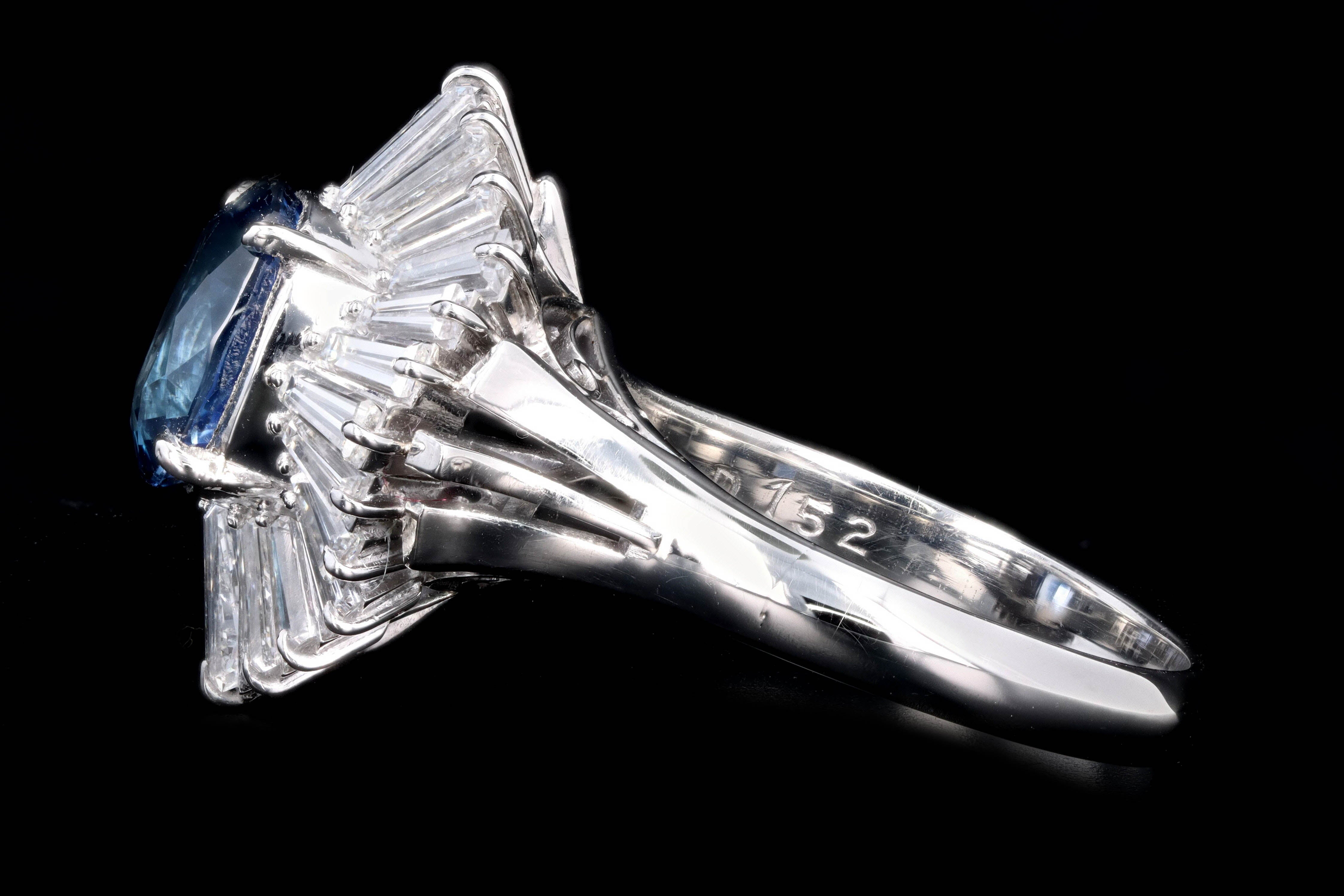 Retro Platinum 2.17 Carat Natural Sapphire & Tapered Baguette Diamond Ring - Queen May