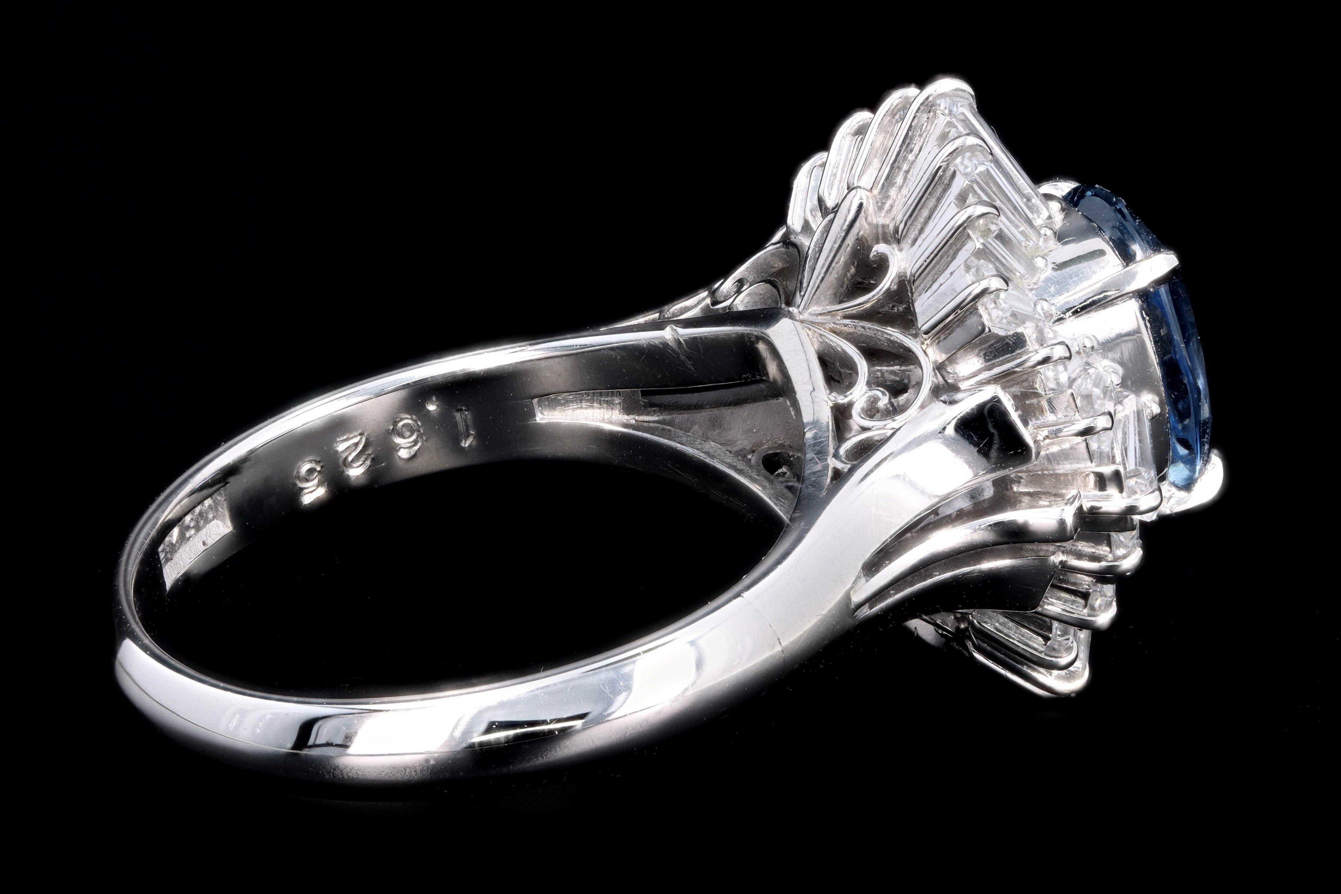 Retro Platinum 2.17 Carat Natural Sapphire & Tapered Baguette Diamond Ring - Queen May