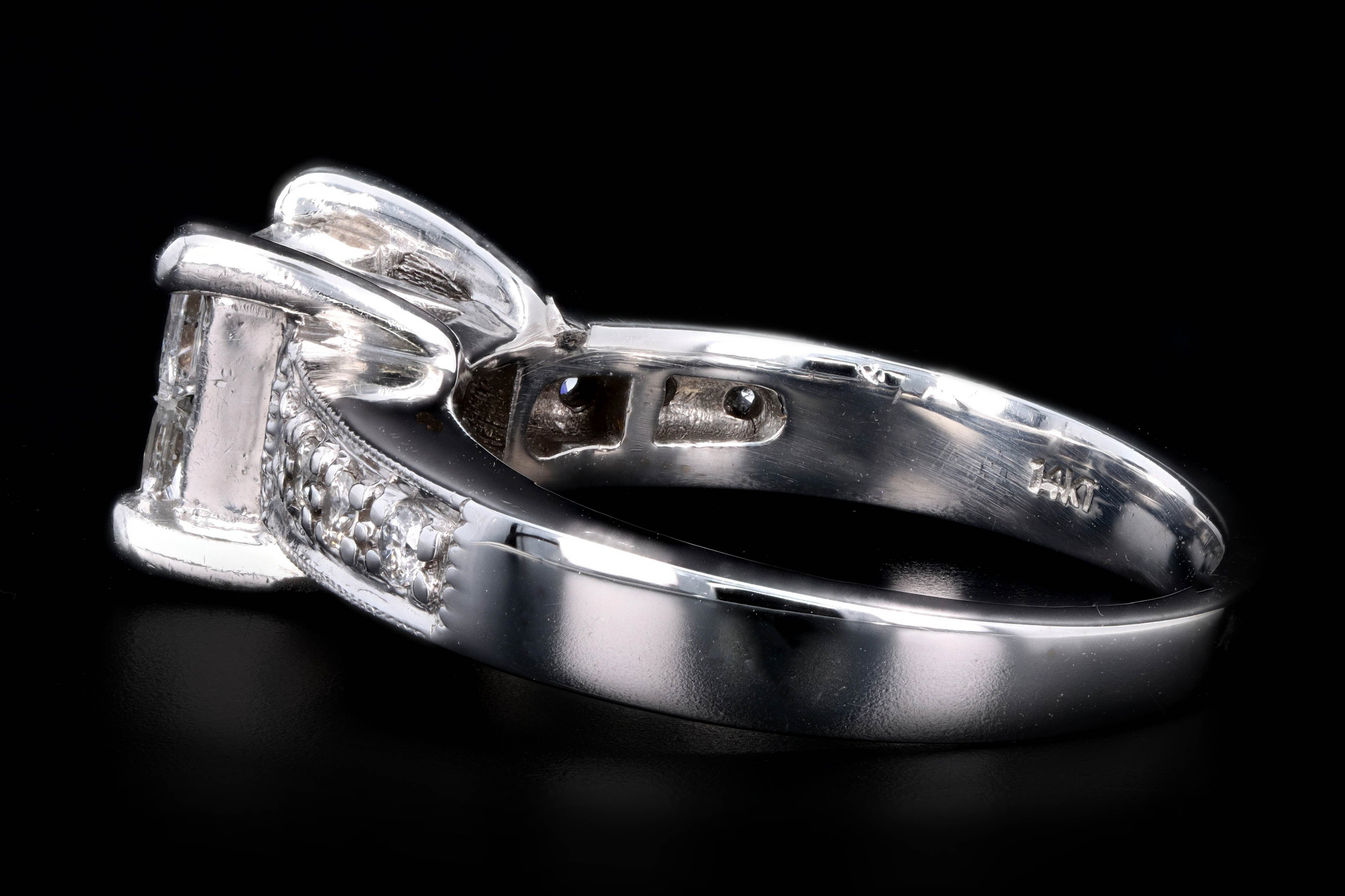 Modern 14K White Gold 1.1 Carat Princess Cut & Round Brilliant Cut Diamond Engagement Ring - Queen May