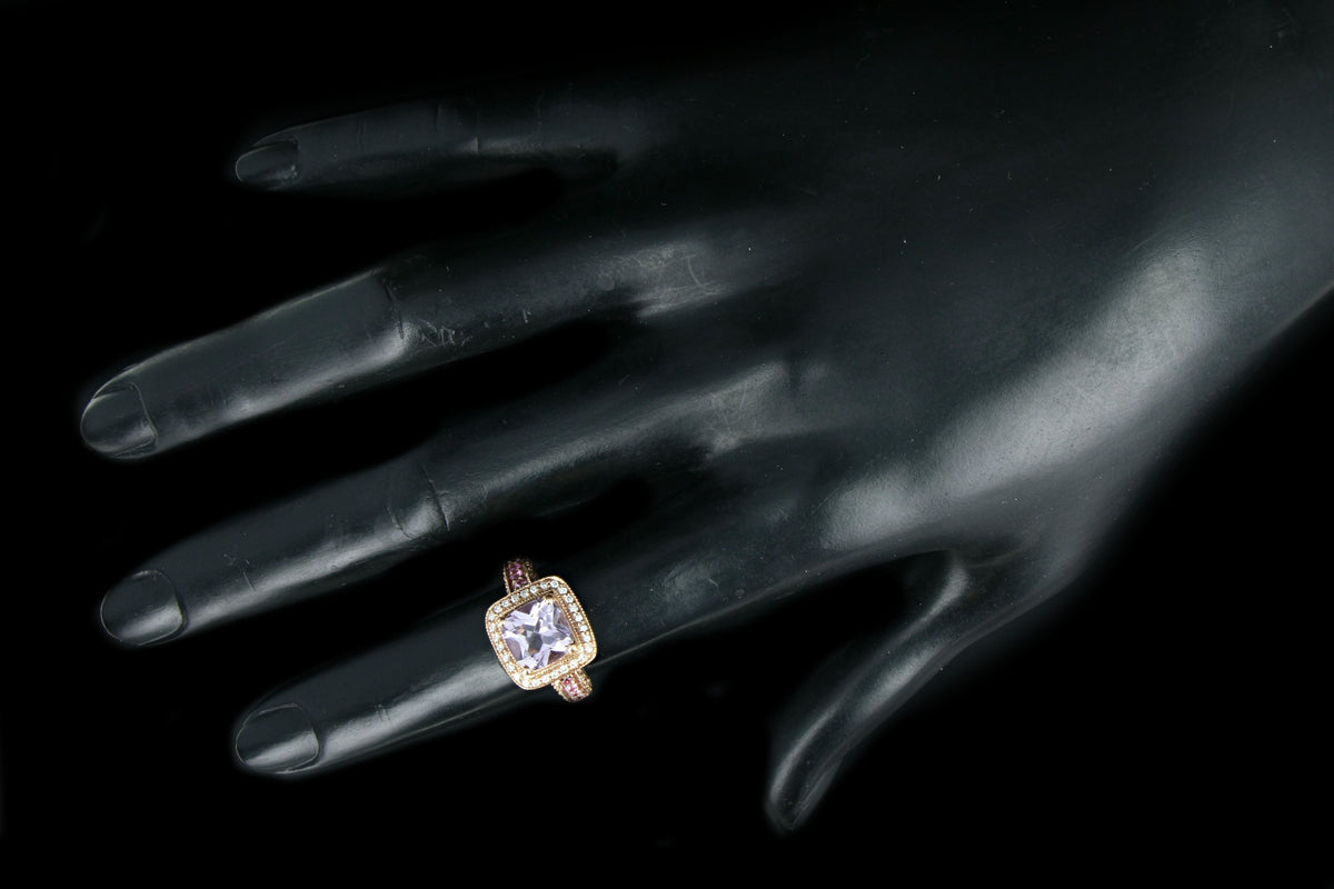 Modern Le Vian 14K Rose Gold 2.2 Carat Cushion Cut Amethyst & Diamond Halo Ring - Queen May