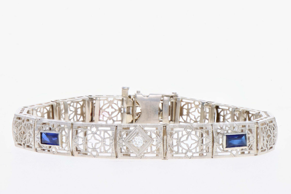 Art Deco 14K White Gold Old European Cut Diamond & Synthetic Sapphire Filigree Bracelet - Queen May