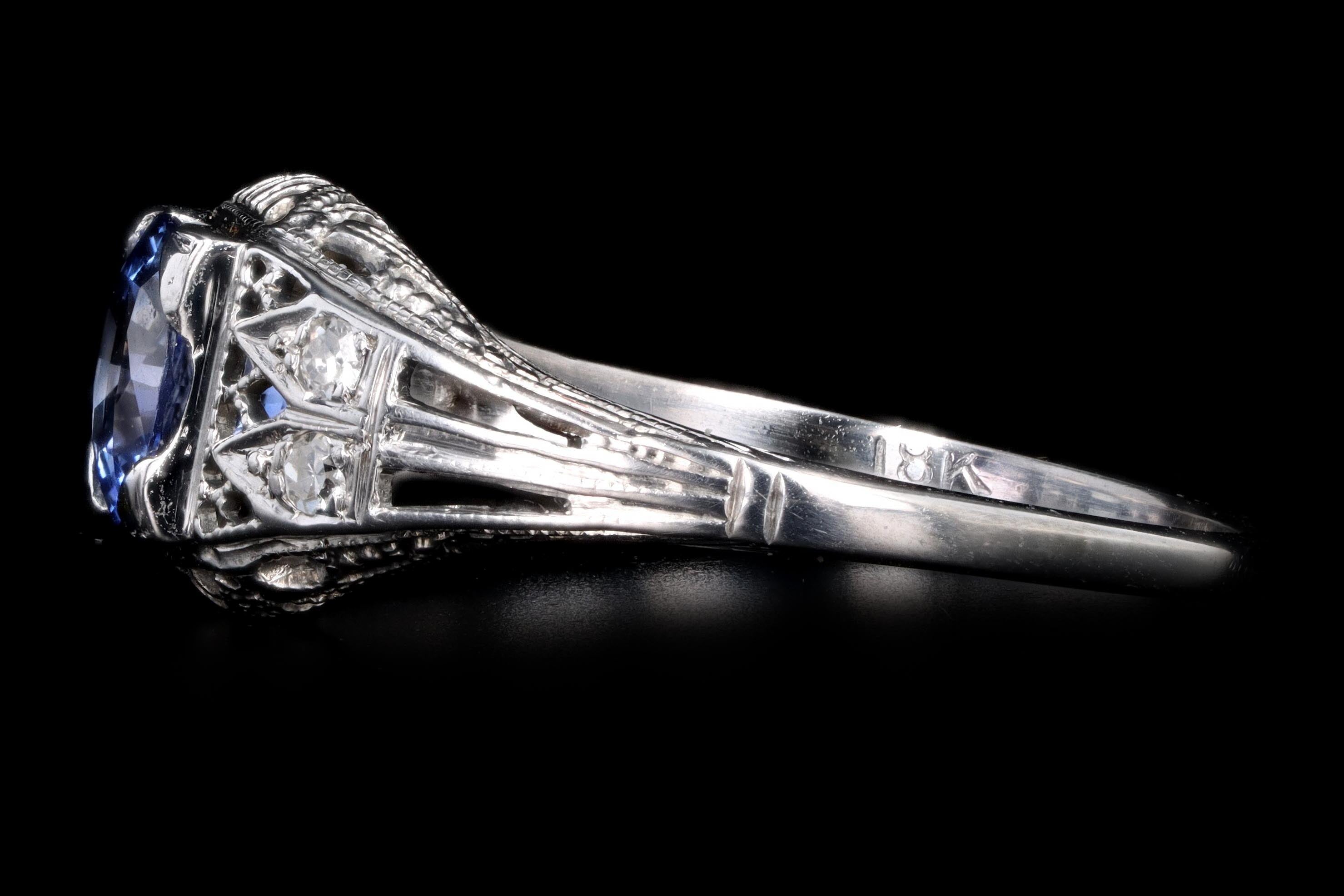 Art Deco 18K White Gold 1.10 Carat Natural Sapphire and Diamond Ring - Queen May