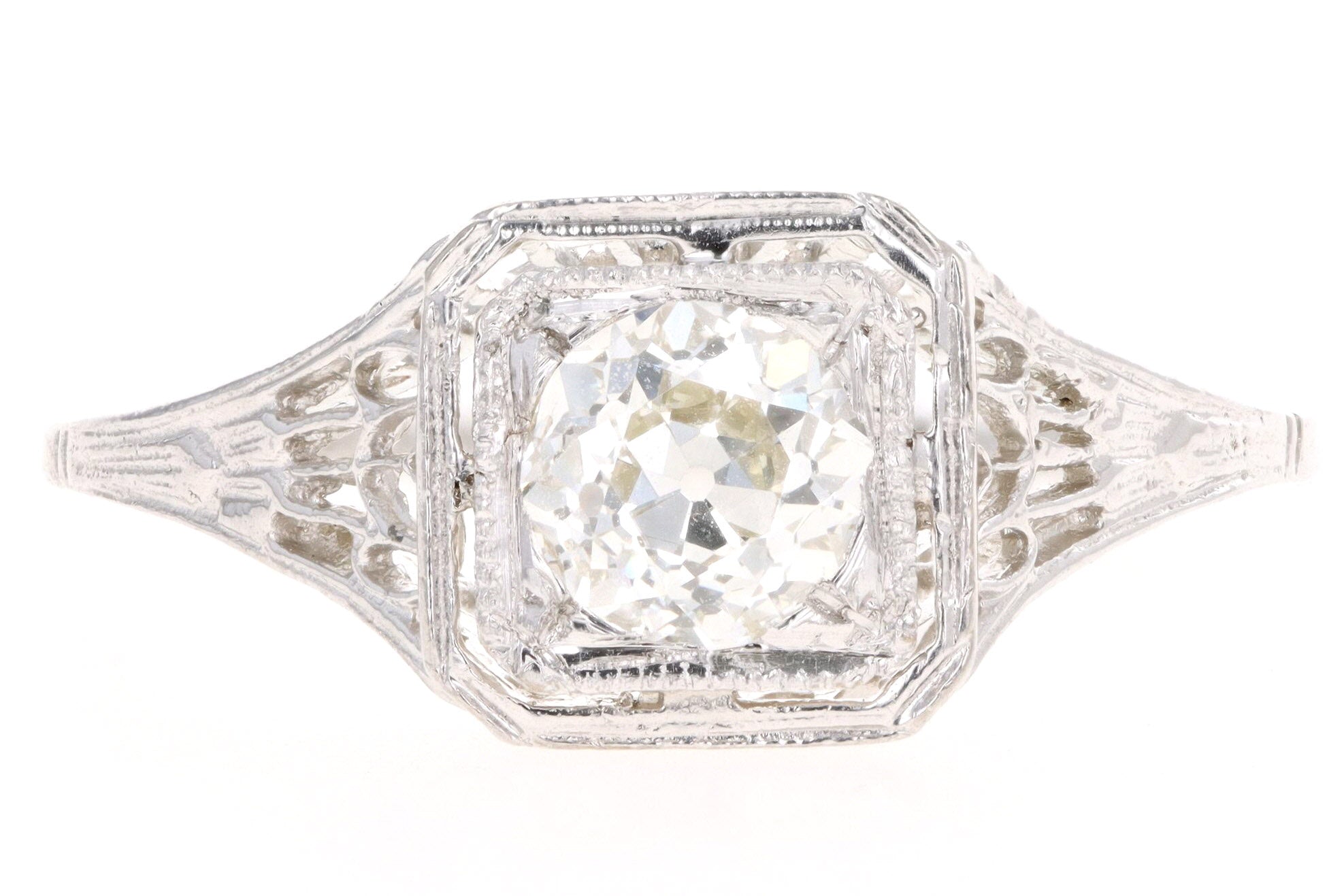 Art Deco 14K White Gold .60 Old European Cut Diamond Filigree Engagement Ring EGL Certified - Queen May