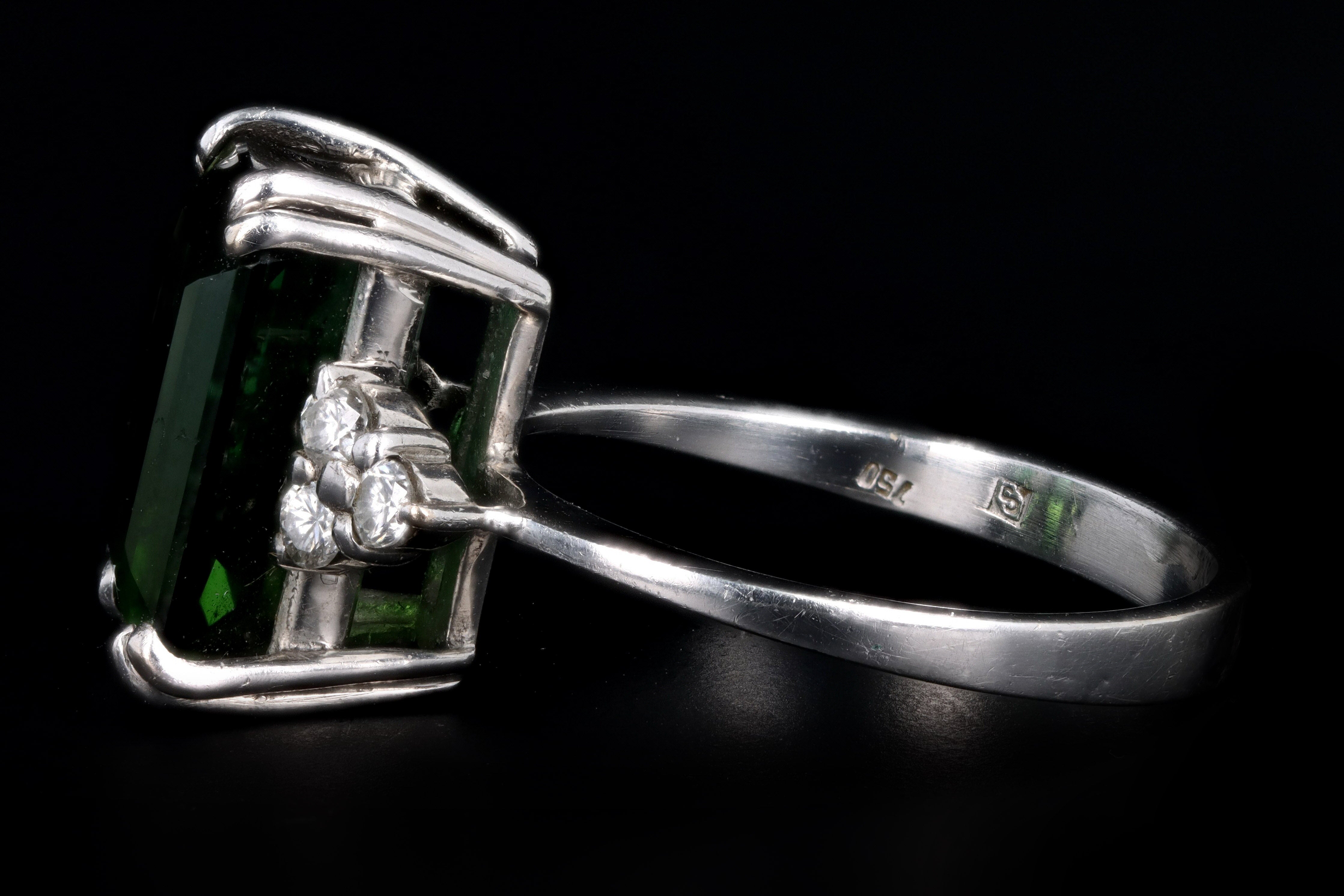 Modern 18K White Gold 4.05 Carat Emerald Cut Green Tourmaline & Diamond Ring - Queen May