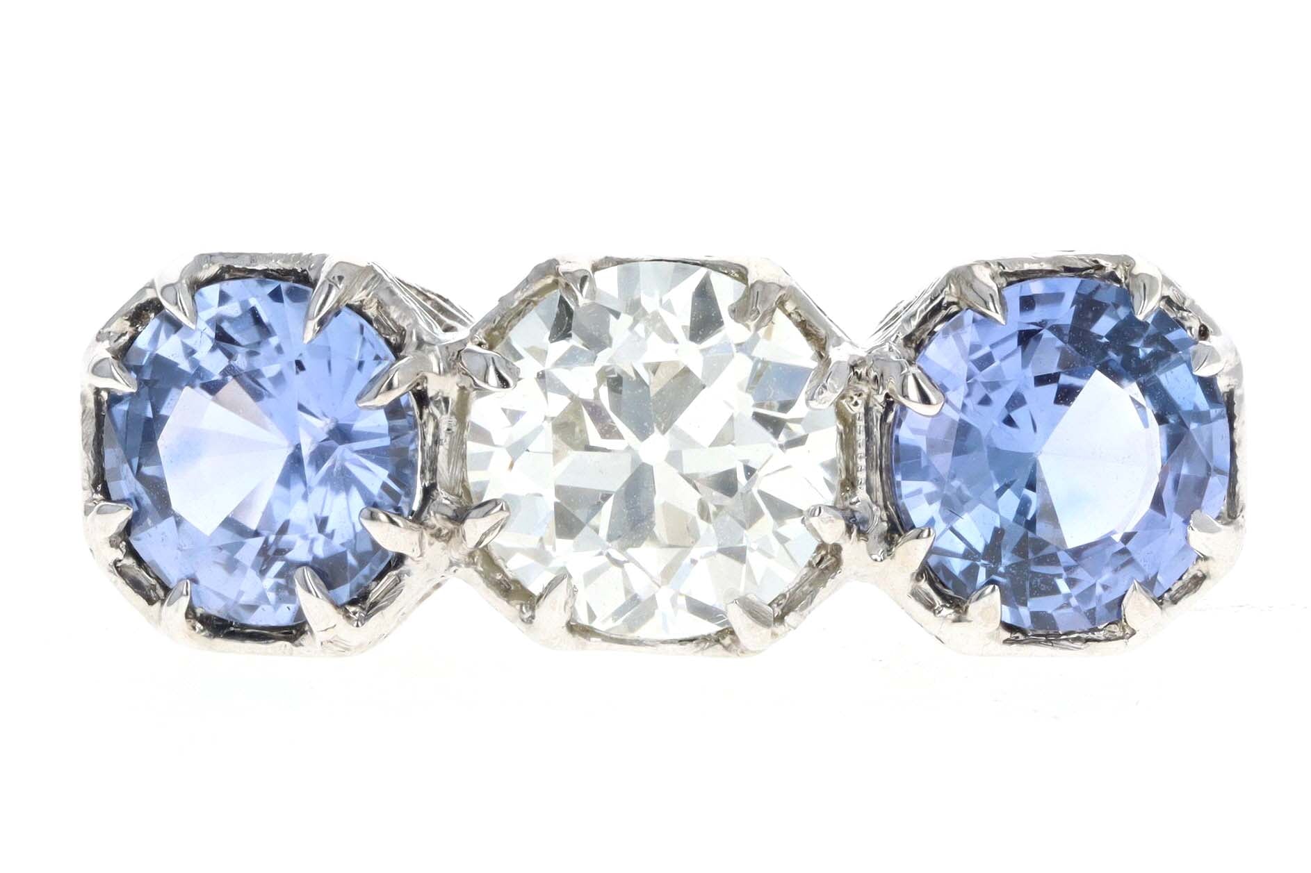 Art Deco Platinum Old European Cut Diamond & Sapphire Three Stone Ring GIA Certified - Queen May