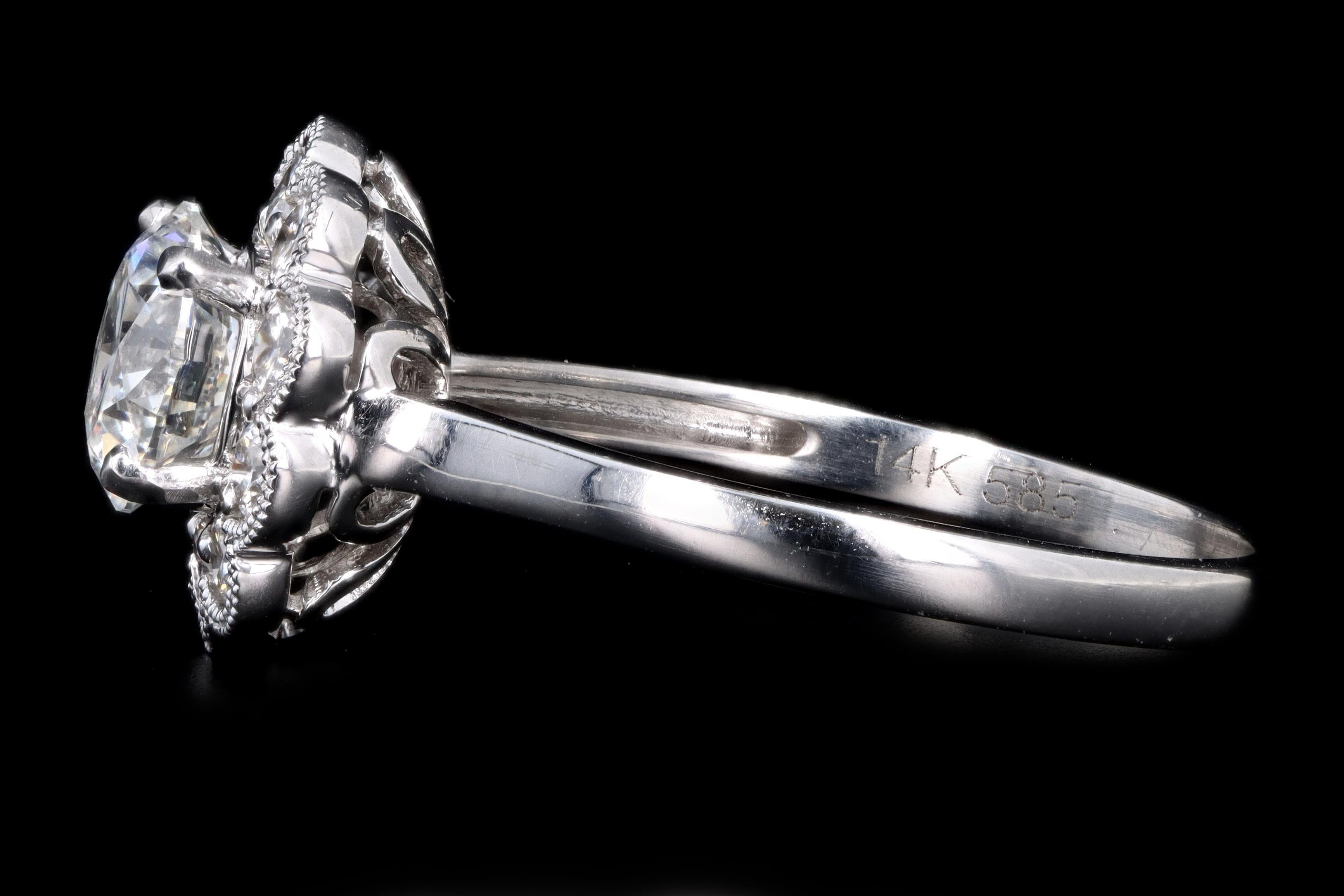 Modern 14K White Gold 1.13 Carat Round Brilliant Diamond Halo Engagement Ring GIA Certified - Queen May